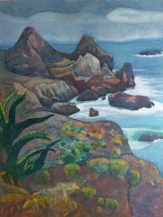 Rocks of Big Sur Signed and dated: Millard Sheets 1977 (Watercolor on paper, 30 x 22 inches)