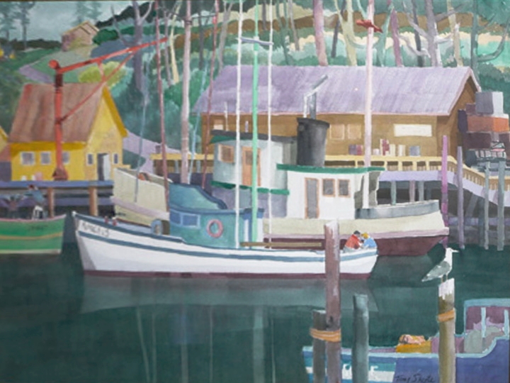 Noyo River Fishing Boats, by Tony Sheets Signed and dated lower right: Tony Sheets 2001 (Watercolor on paper, 22 x 30 inches)