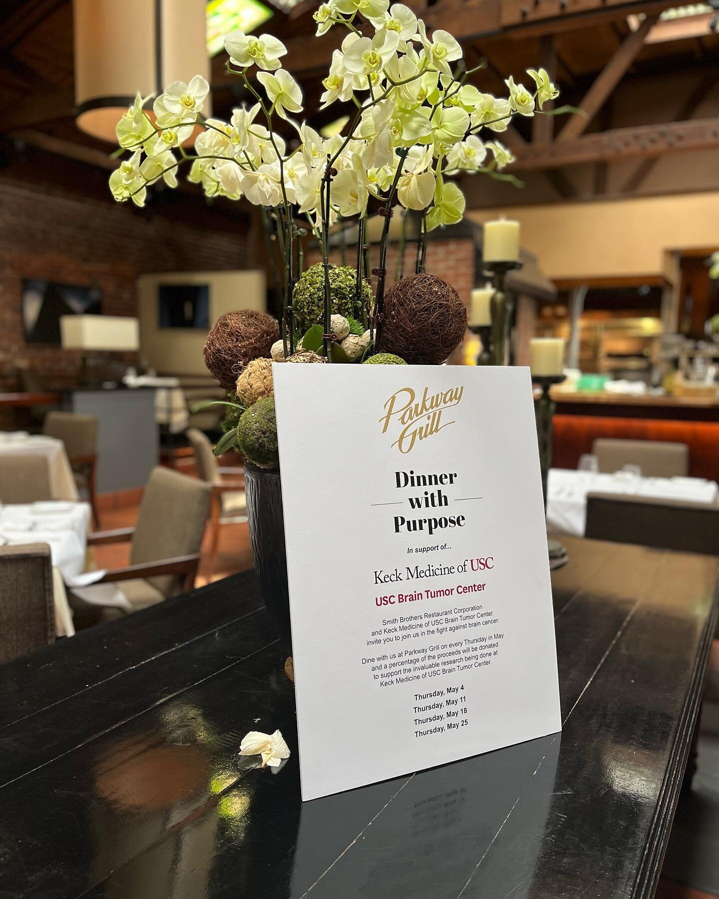 Dine with us at Parkway Grill on every Thursday in May and a percentage of the proceeds will be donated to support the invaluable research being done at Keck Medicine of USC Brain Tumor Center.

Smith Brothers Restaurant Corporation and Keck Medicine