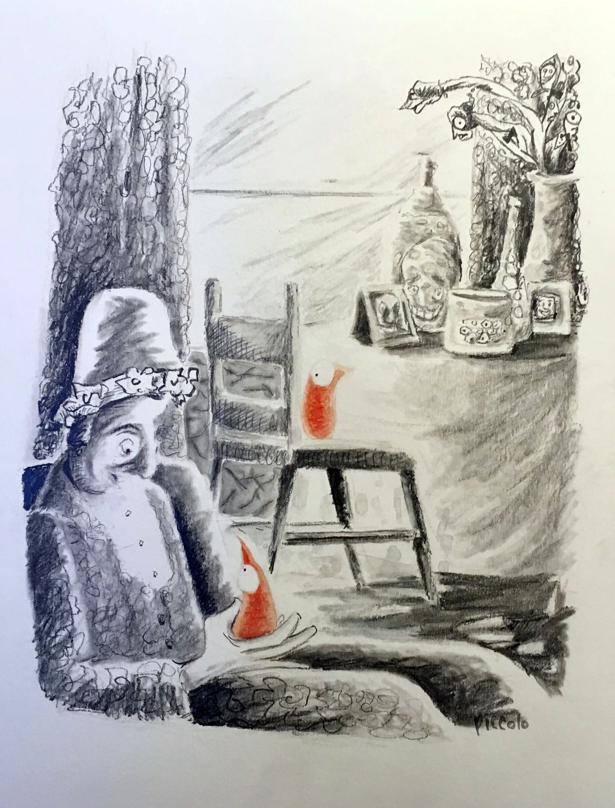 "Lady With Orange Bird Creatures" I wanted to see what I could do with a very quick sketch using only graphite... the bird creatures are watercolour, and watercolour pencil.