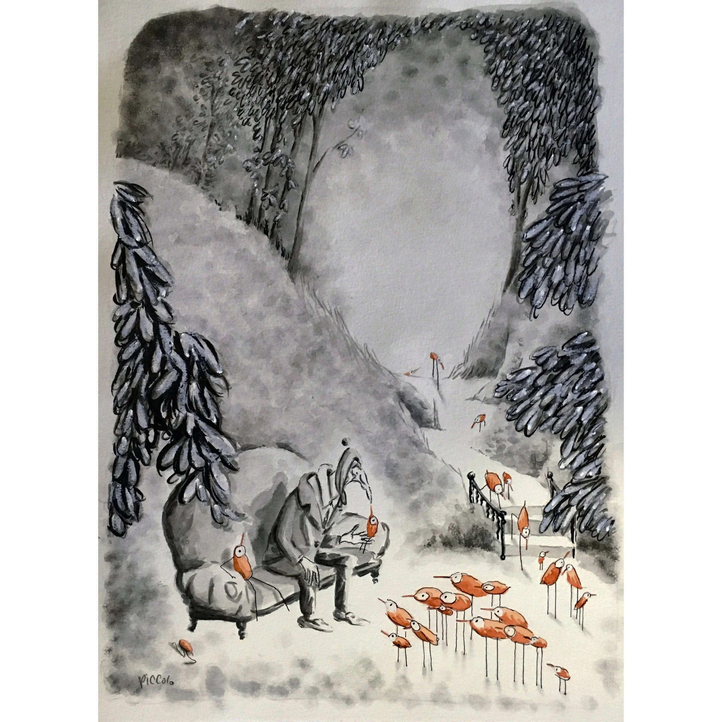 "Old Man Bird with Orange Bird Creatures" back to graphite, wax crayon, and watercolors-- with some acrylic paint. I was experimenting on different types of illustration board. Also the size of this piece is 15" by 20" -- bigger than I'm used to.