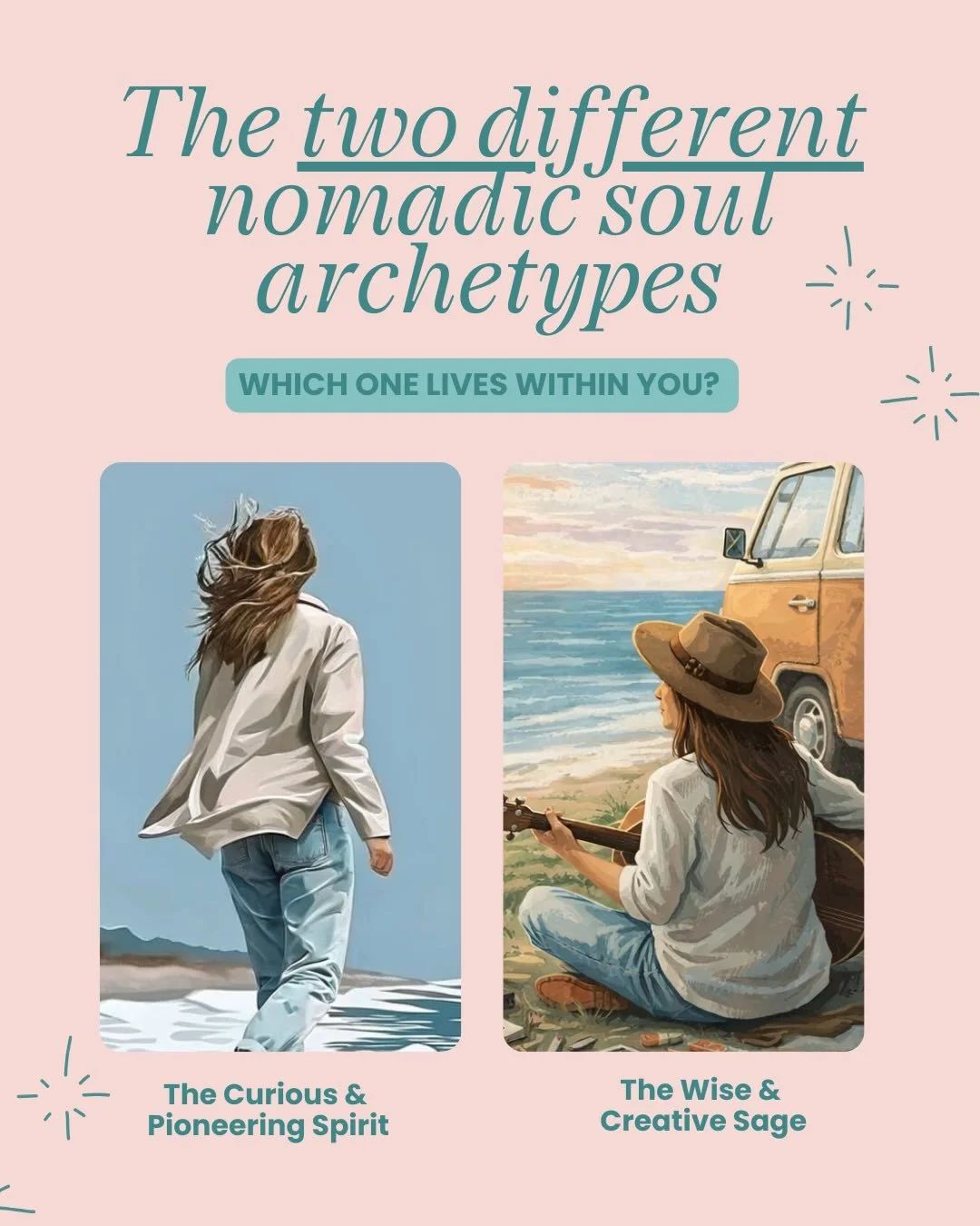 ✨ The Nomadic Soul Archetypes ✨

The Nomadic Soul comes alive when you meet its two guiding archetypes:
 🌍 The Curious &amp; Pioneering Spirit &mdash; the one who dares to explore, expand, and follow the pull of the unknown. 🕯️ The Wise &amp; Creat