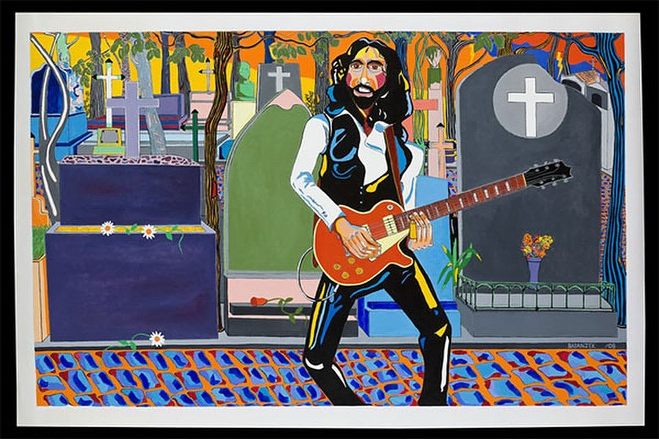 Mr Climax (Jim McCarty plays the blues in Pere-Lachaisse cemetery Paris) painted by Johnny Bee Badanjek will be on display next week at River’s Edge Gallery just in time for their Jim & Johnny’s b-day celebration at the @cadieuxcafe o