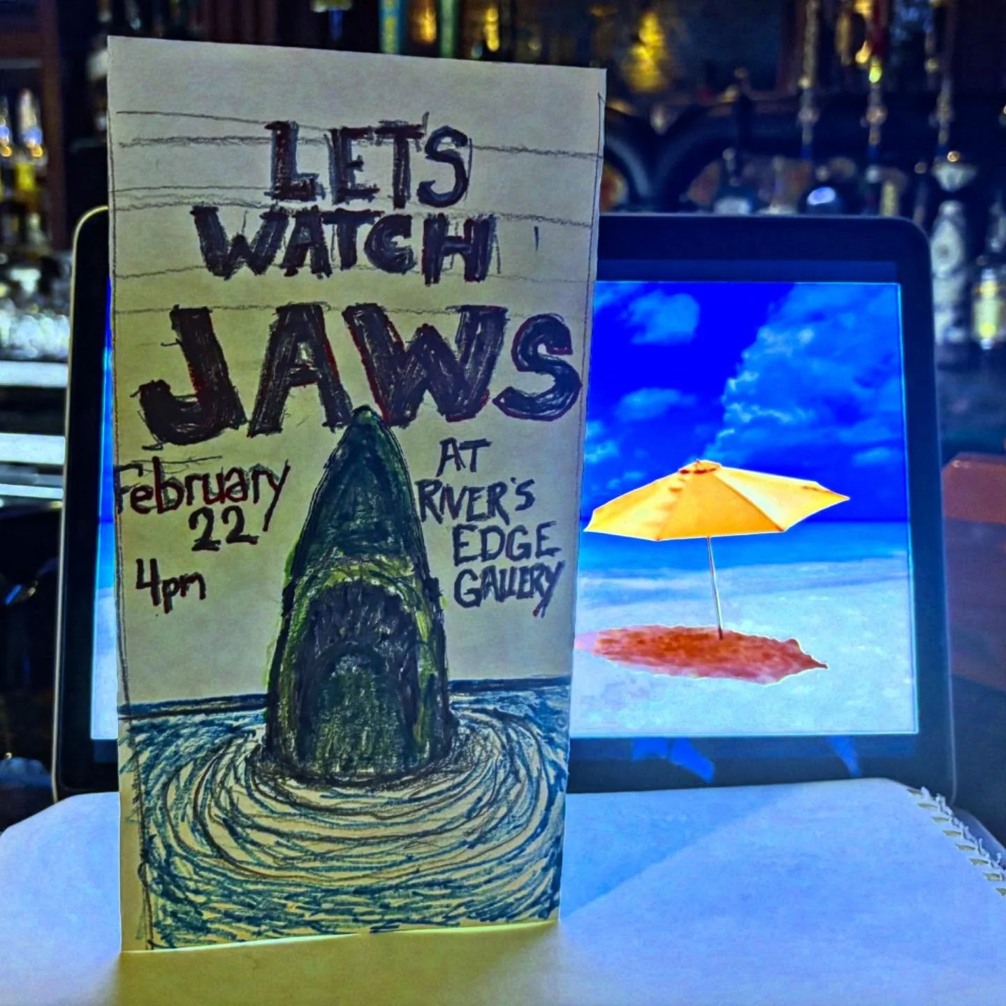 Artists! Movie buffs! People who like to make comments in movie theaters. This Sunday is a social experiment projecting the movie &ldquo;JAWS&rdquo; on a screen with amplified sound. 

Free, all are welcome, come join the fun.