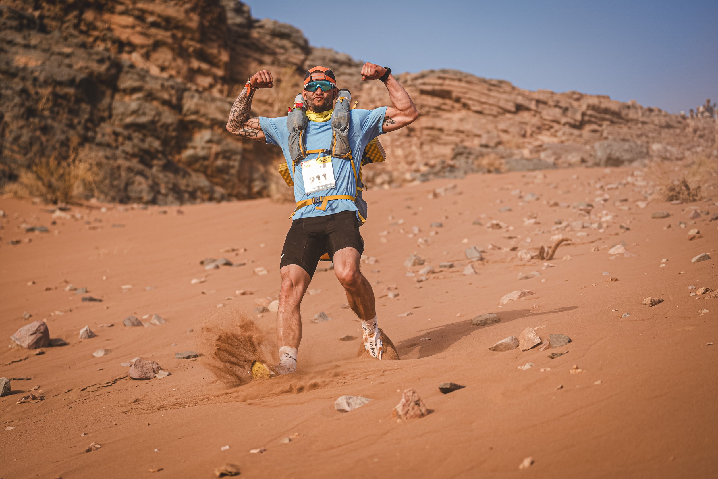 Brian Cubero competing in the Marathon des Sables in the Sahara Desert.