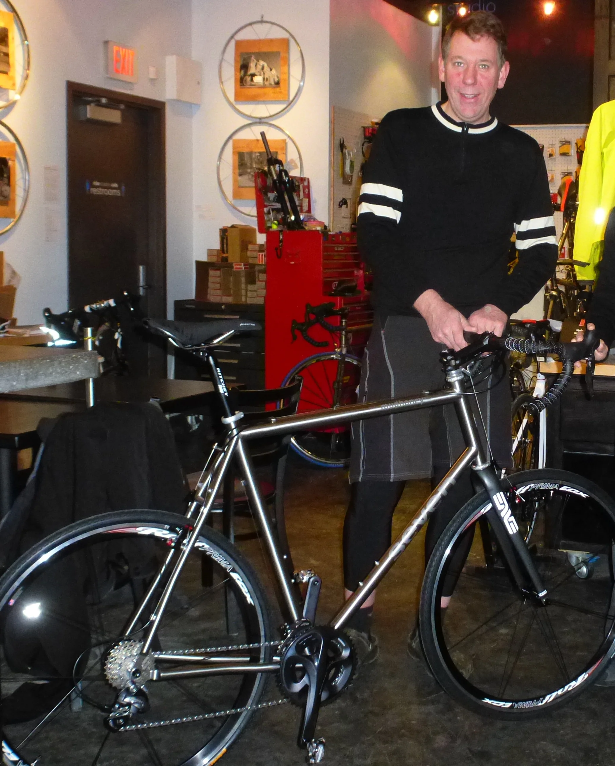 Meeting his new Seven bike for the first time. 