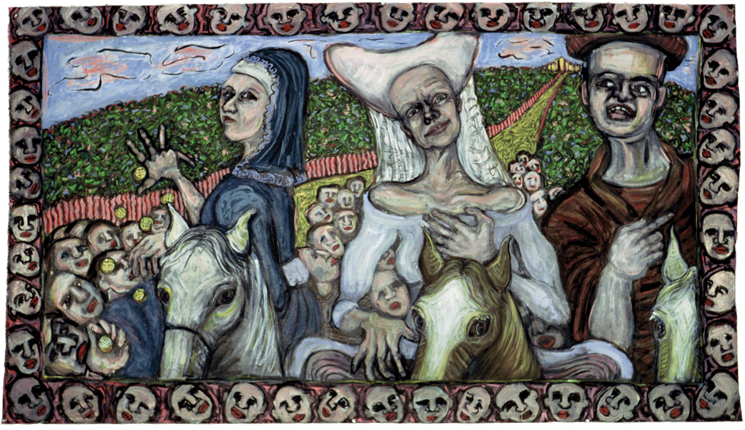 Alms, 43 in x 75 in, 109.2 cm x 190.5 cm, oil on unstretched canvas.