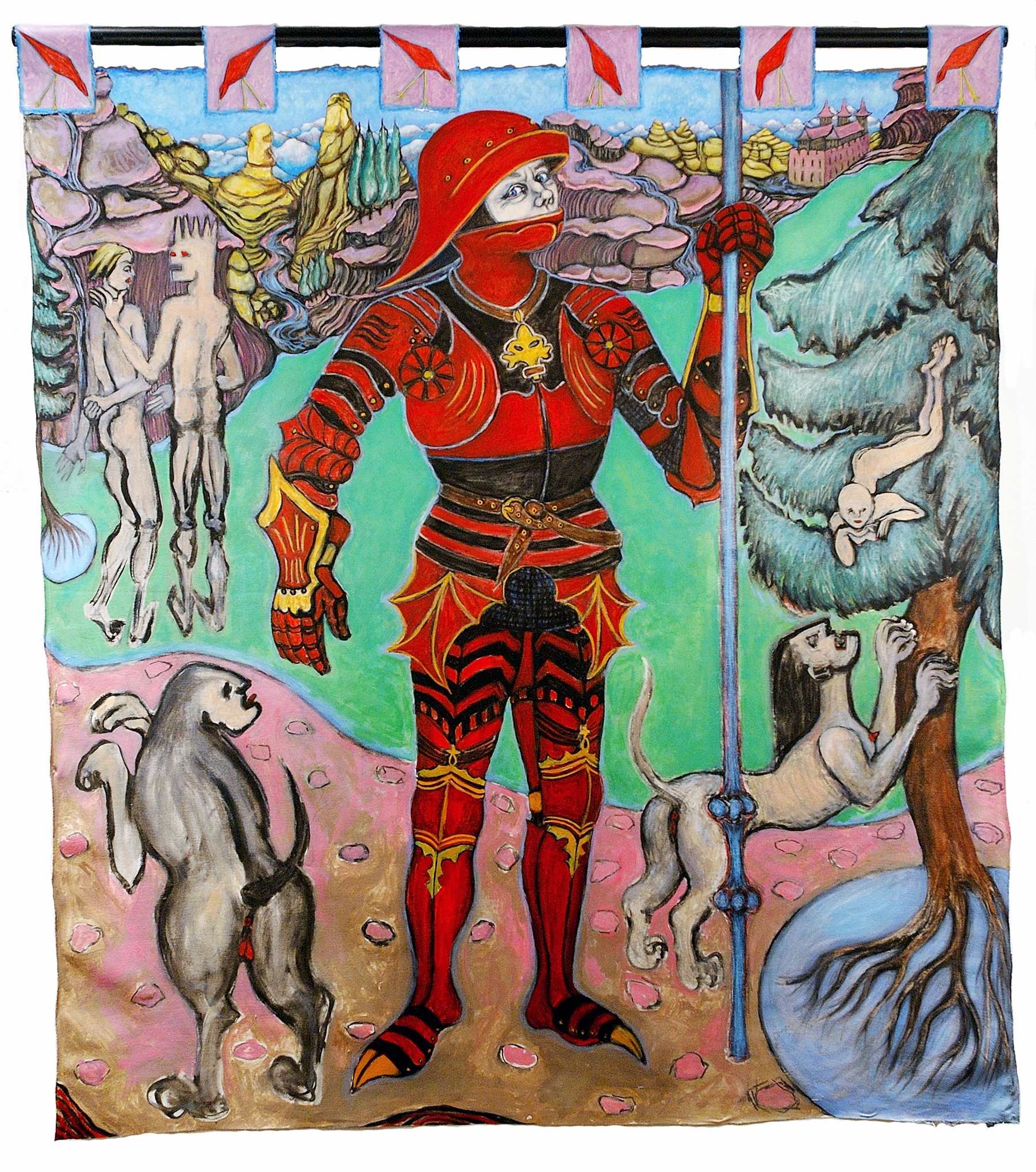 The Painted Knight 5.67 ft x 5.10 ft, 172.82 cm x 155.45 cm, oil on unstretched canvas.