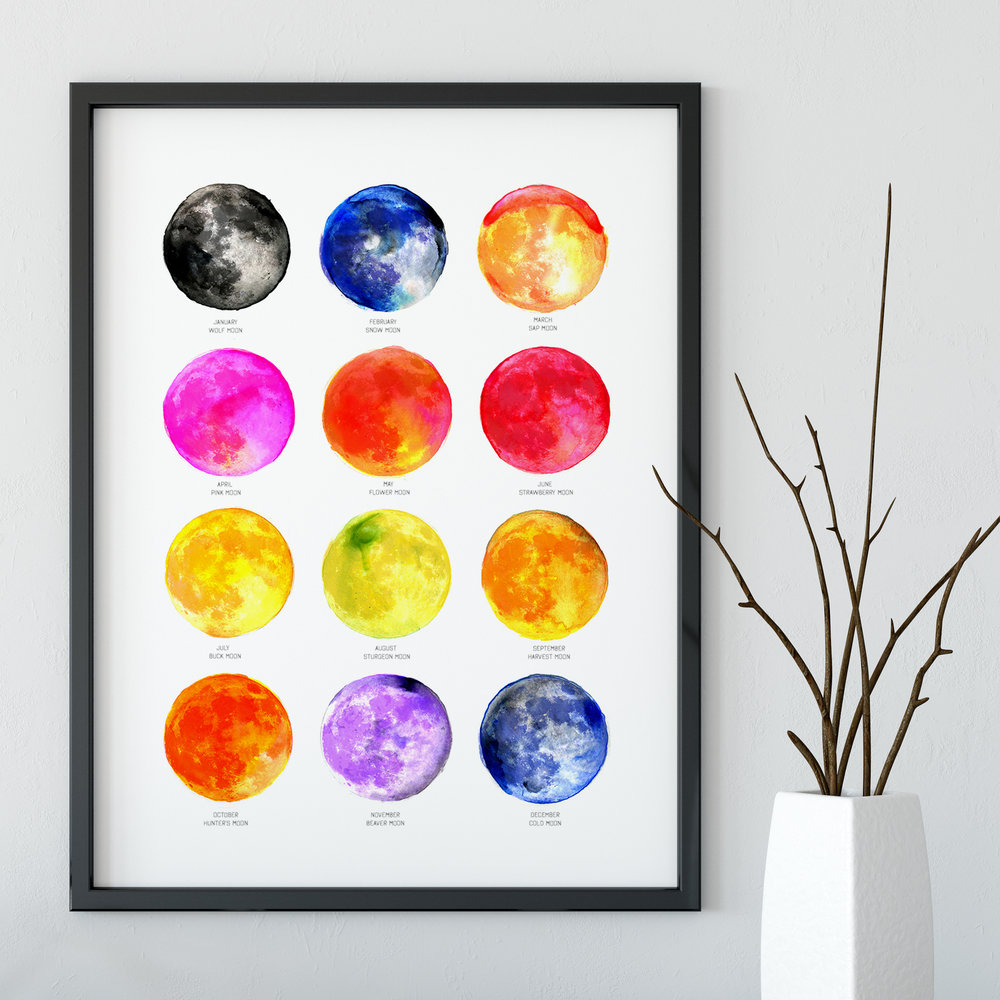 Full Moon Names - Colourful Moons - Art Print — Drawn Together Art