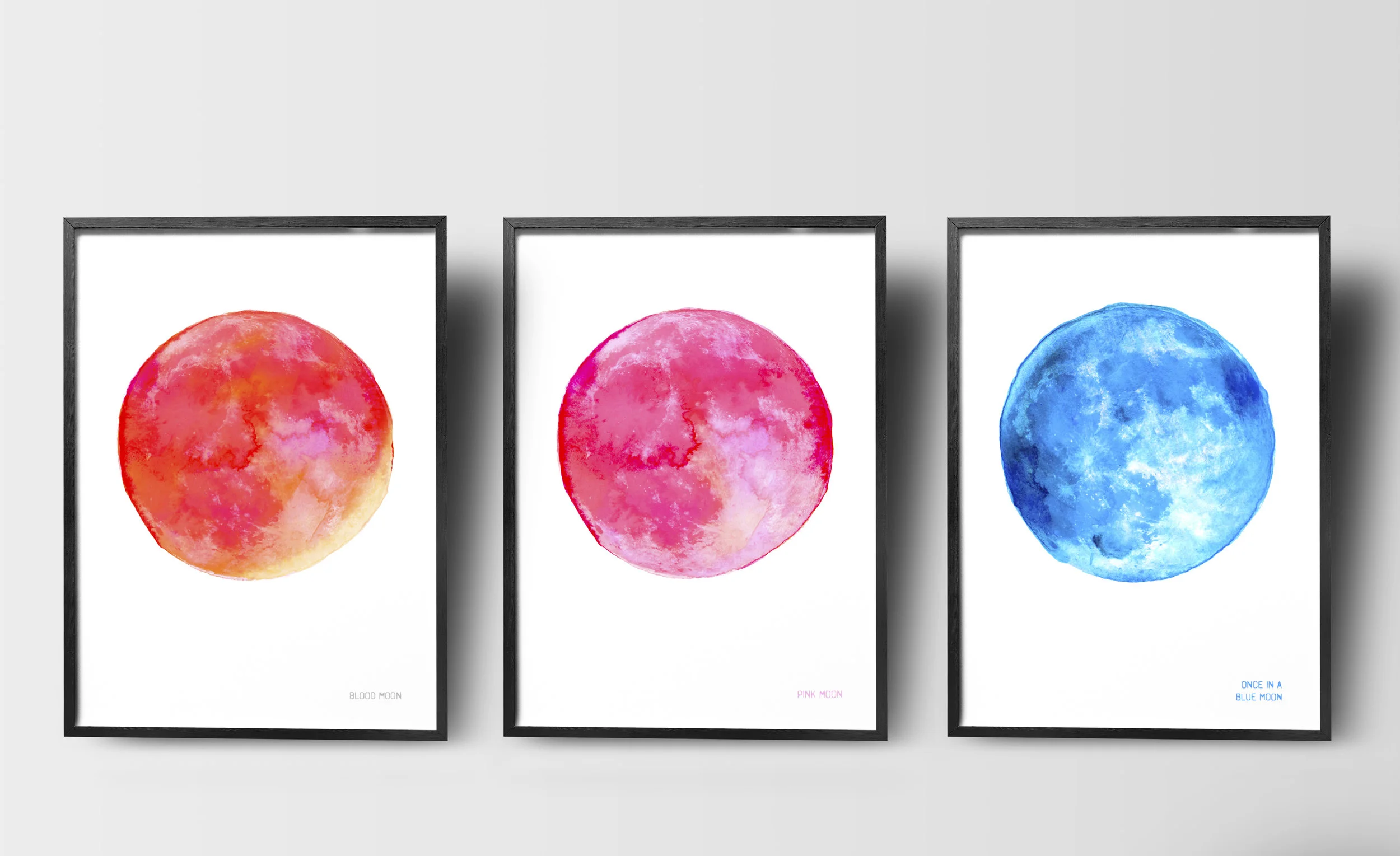 Set of 3 Full Moon Prints - Blood Moon, Pink Moon and Blue Moon