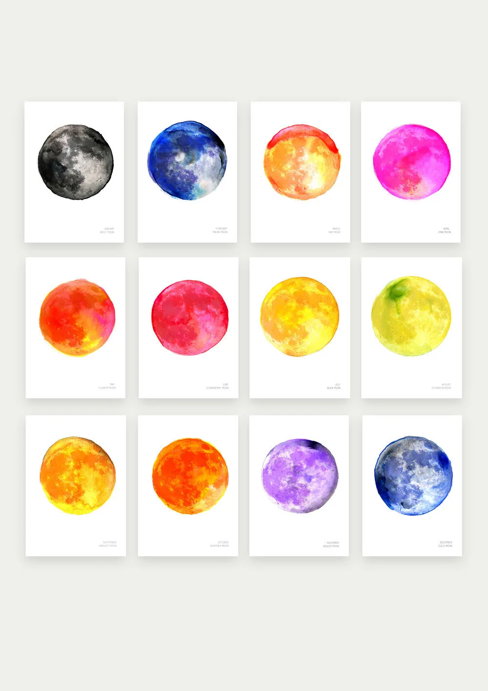 Gallery Wall Idea - Set of 12 Full Moon Prints with Moon Names of all months of the year