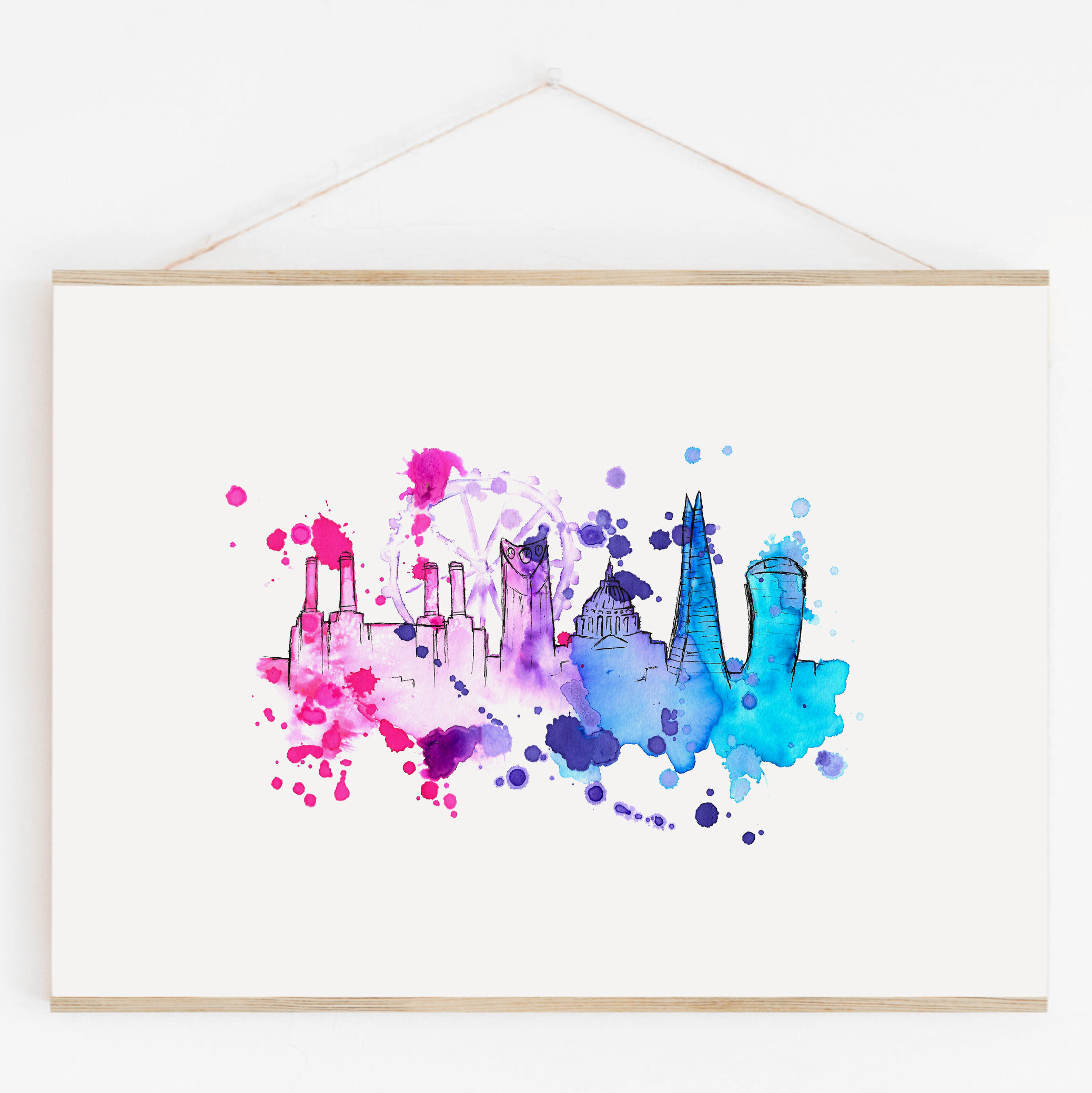 Colourful London Art Print in Blue and Pink 