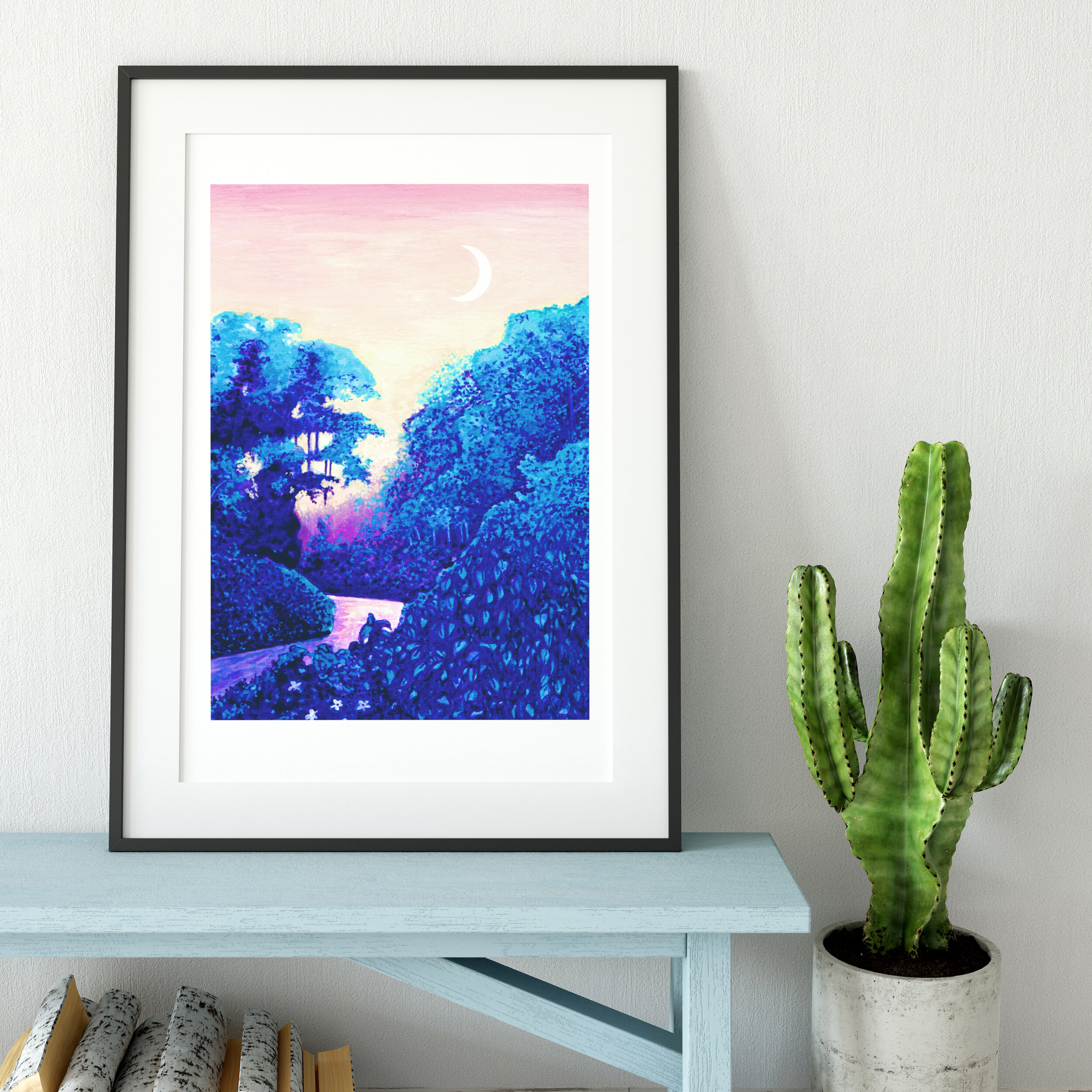 Forest with Crescent Moon River - Art Print