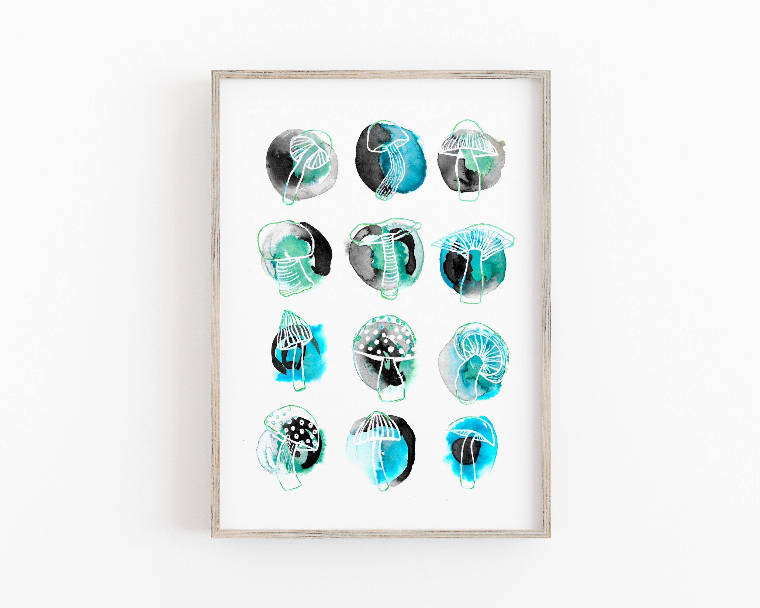 Mushrooms Art Print - Teal, Blue and Green
