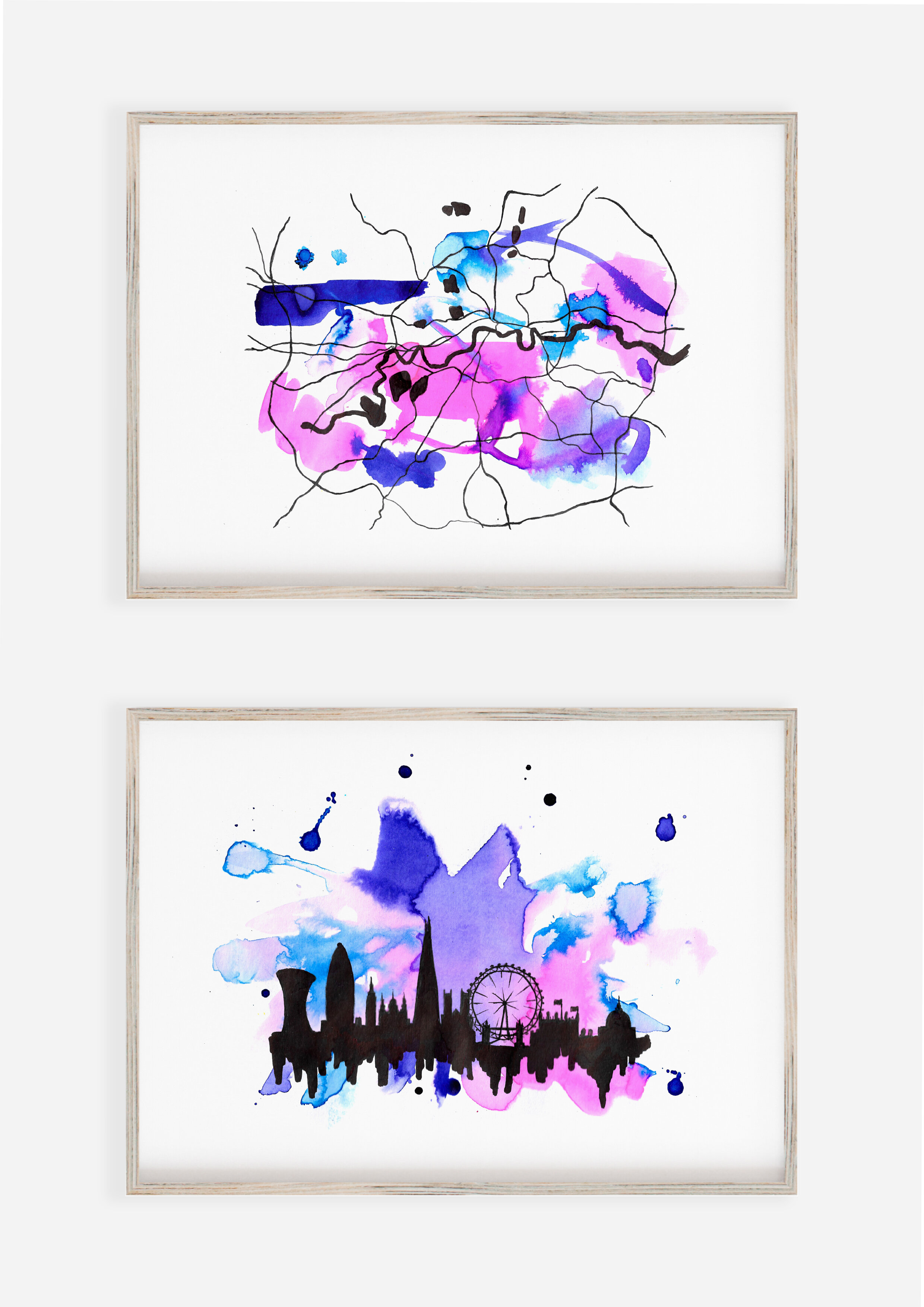  Set of 2 London Prints in Purple and Blue