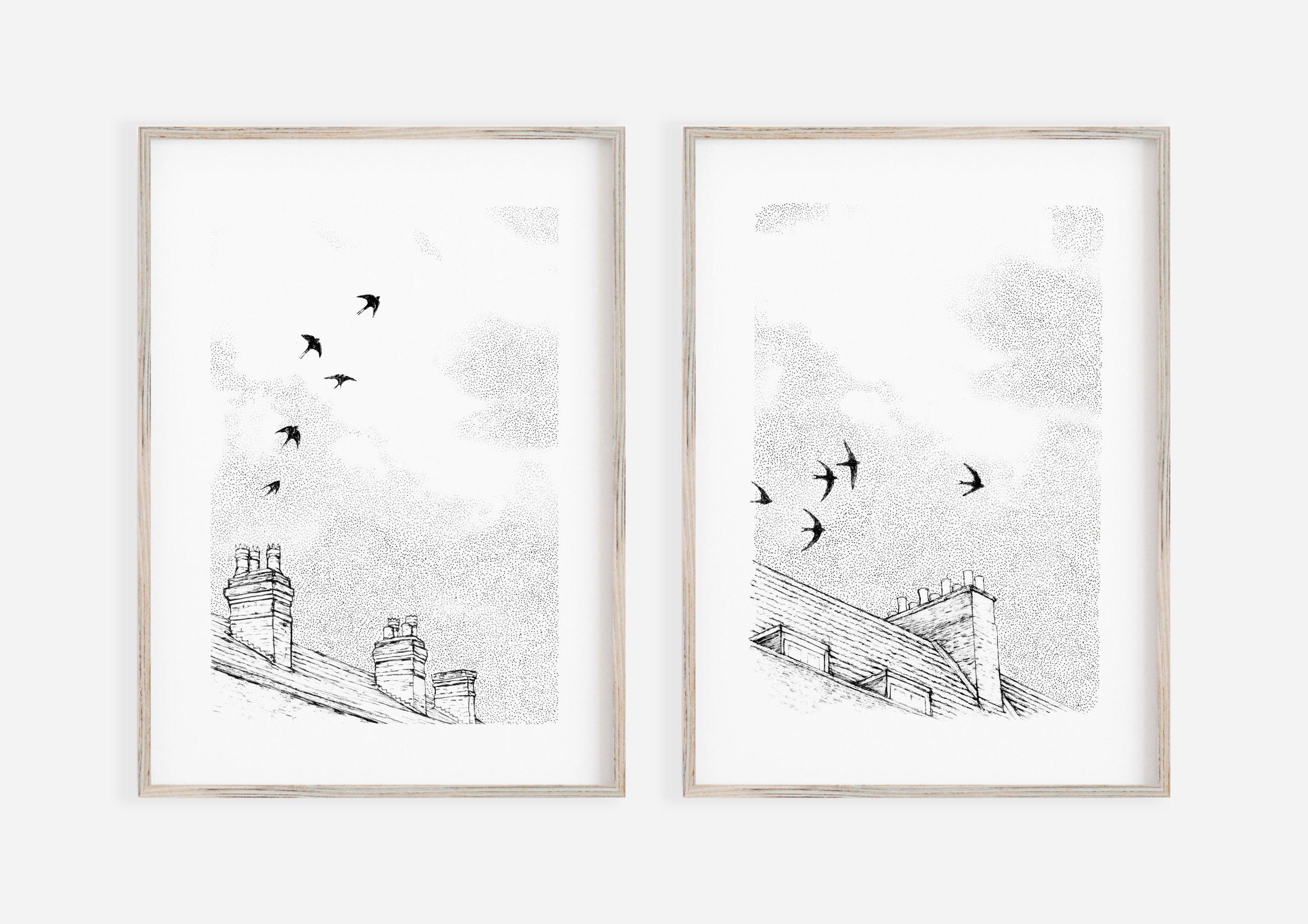 Set of two art prints Swallow Swifts Birds Flying illustration Black and White moden art print by drawn together art to buy uk Thin wood Frame.jpg