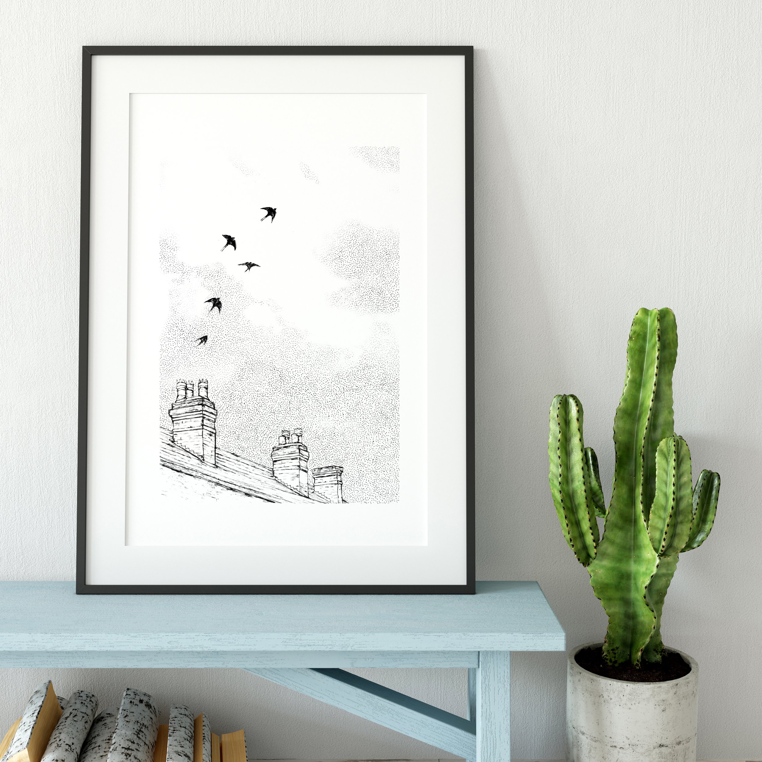 Swallows Art Print to buy in uk by Drawn Together Art Black Frame bench wood .jpg
