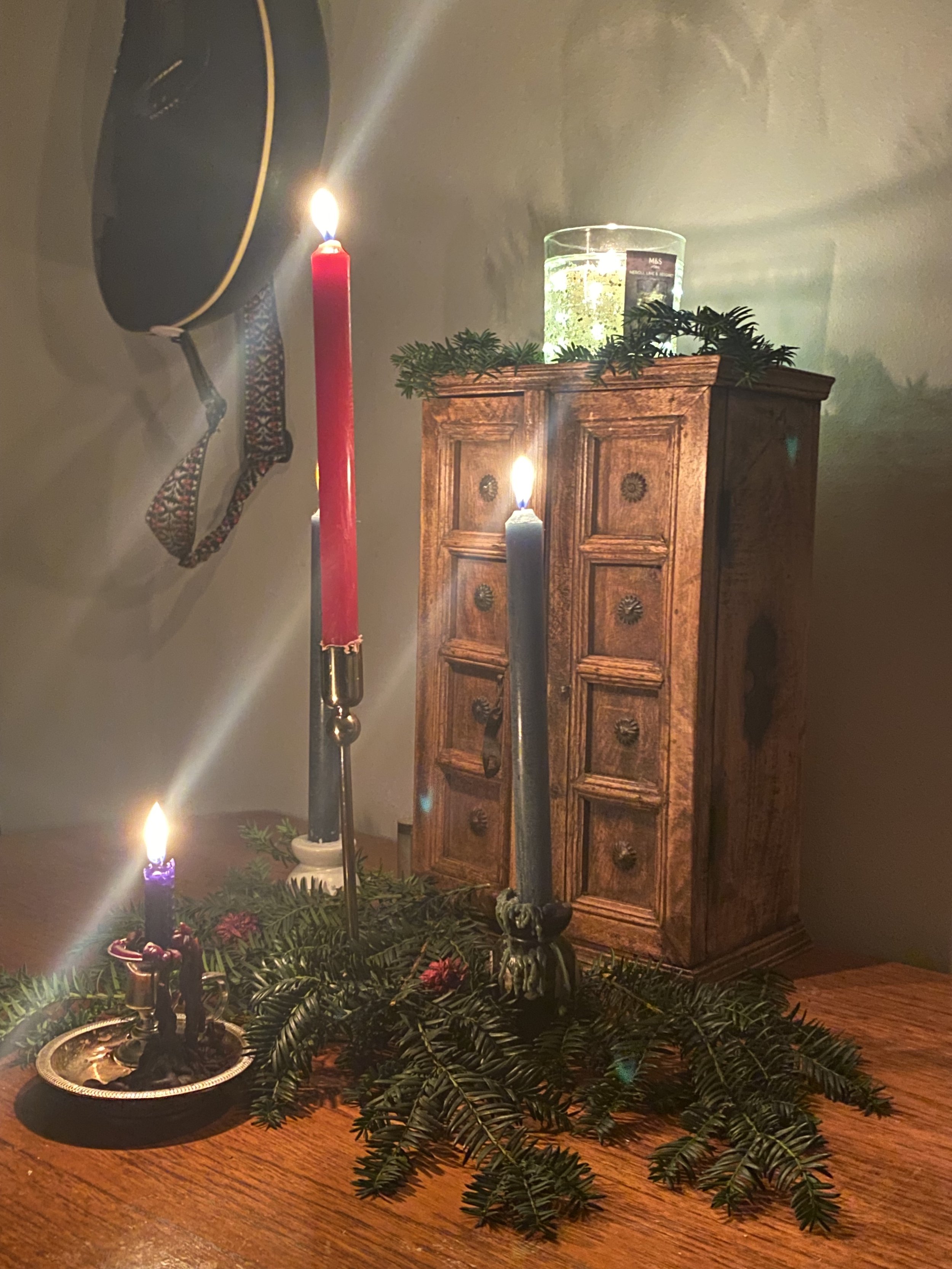 Yule Altar with wooden altar and candles