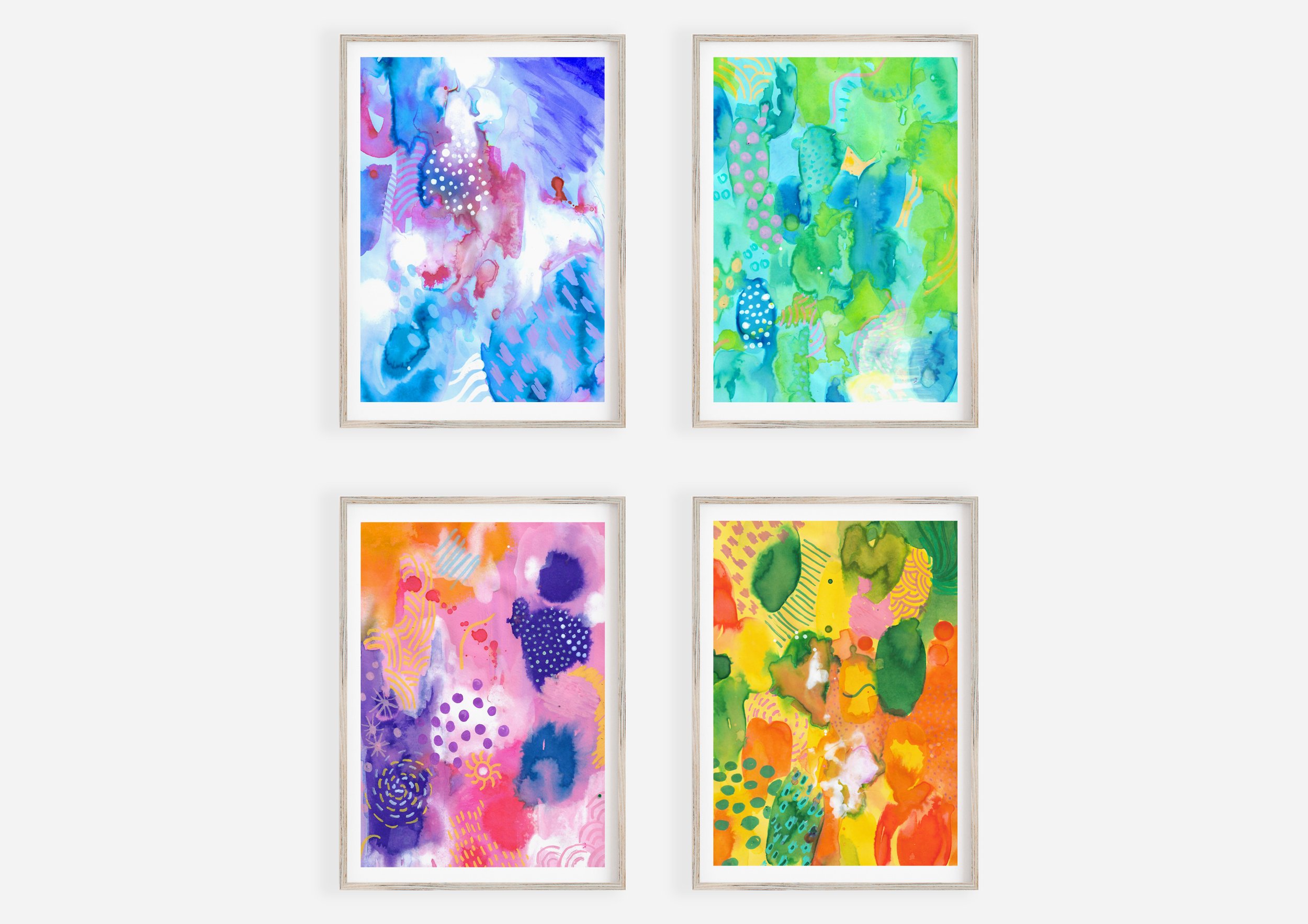 Set of 4 Abstract Print Inspired by seasons thin wood frame on white wall by Drawn Together Art.jpg