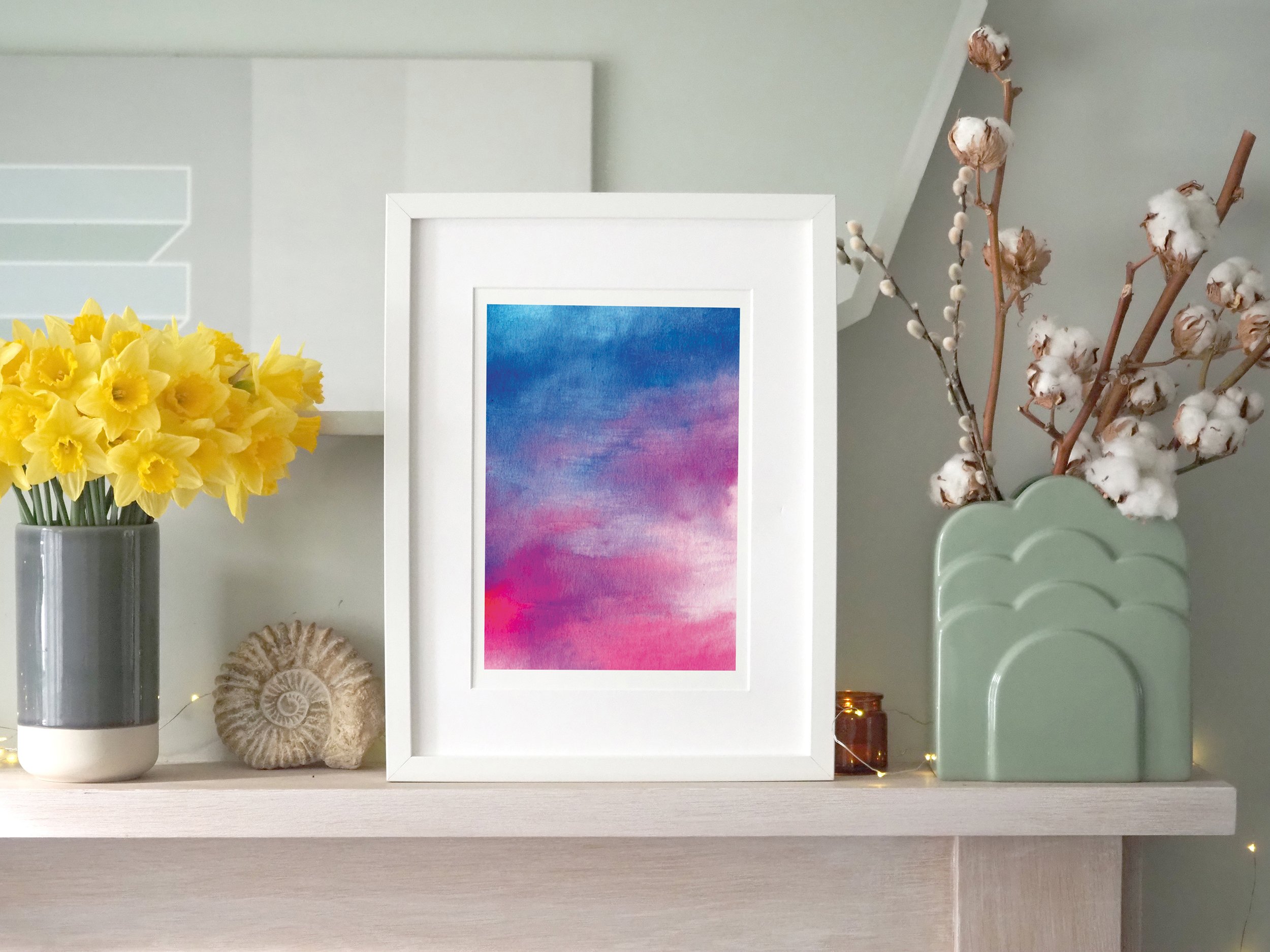 Blue Pink Abstract A4 Print by Drawn Together Art in White frame on mantle vase mirror daffodils ammonite fossil.jpg