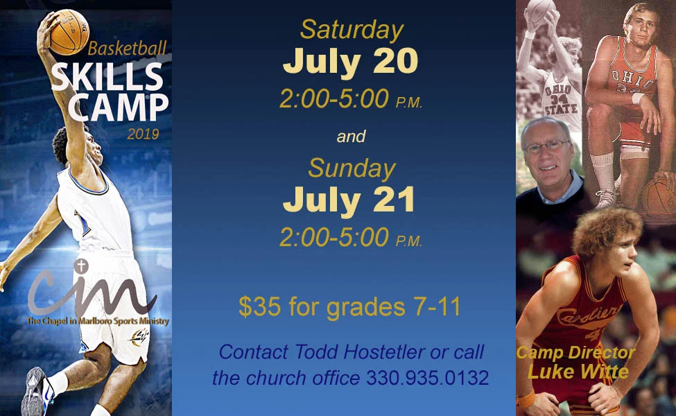 A Basketball Skills Camp for grades 7-11 will be held here July 20 & 21. Registration is $35. Brochures are available at the information desk. See sports pastor Todd Hostetler with any questions. Camp director is basketball legend Luke Witte. He will be speaking in our Sunday morning service on July 21st.