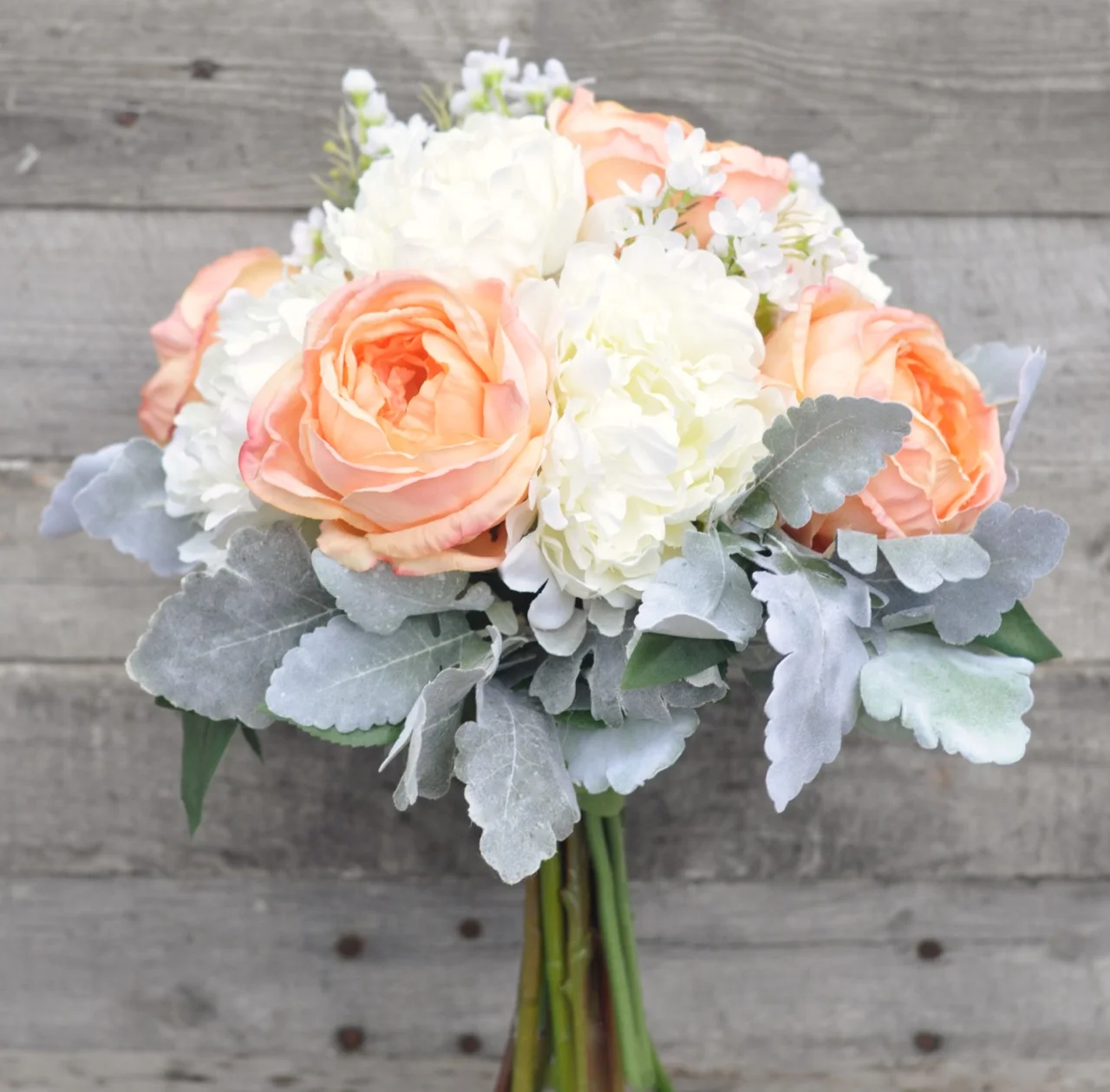 Peach Cabbage Rose, Ivory Peony, Dusty Miller Bouquet - 1.jpg
