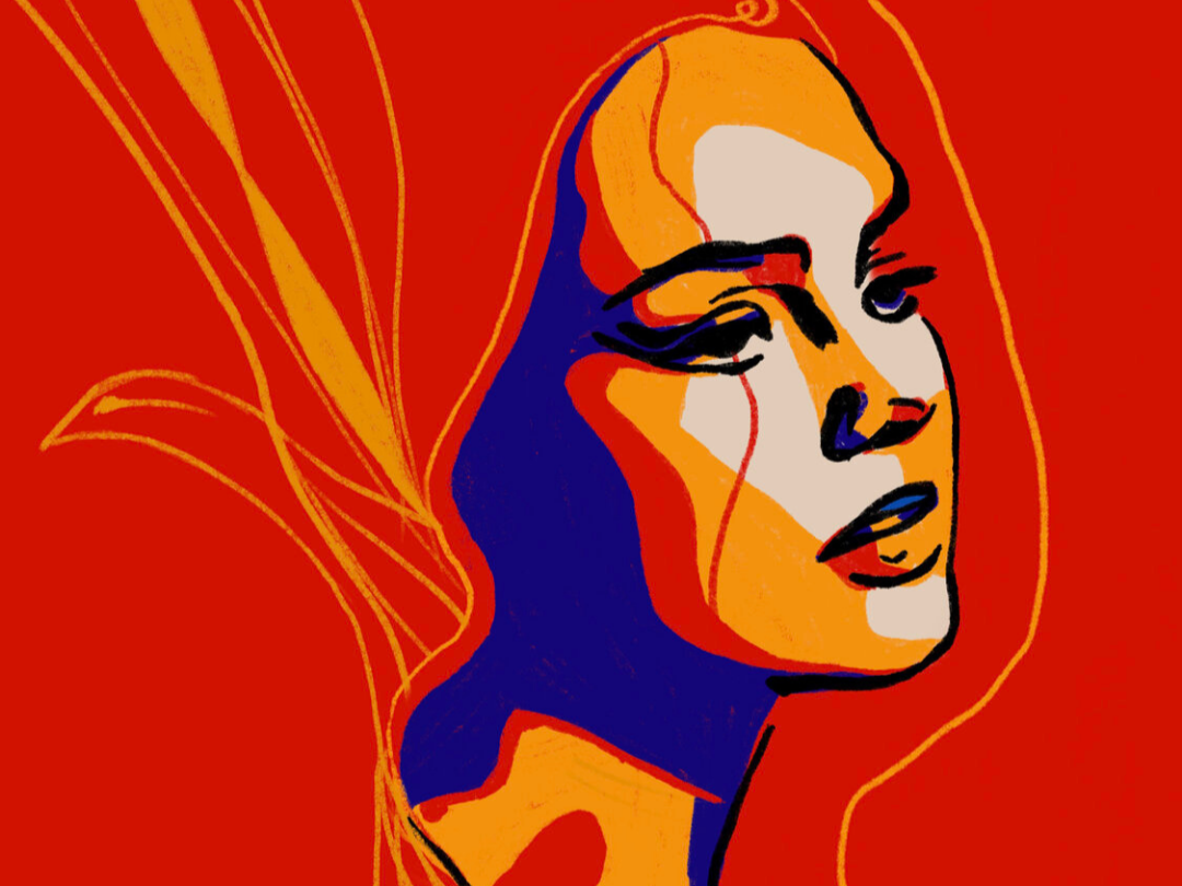 Abstract line art portrait of a woman with closed eyes, depicted with bold black lines and orange, navy blue, and beige color blocks, set against a solid red background.