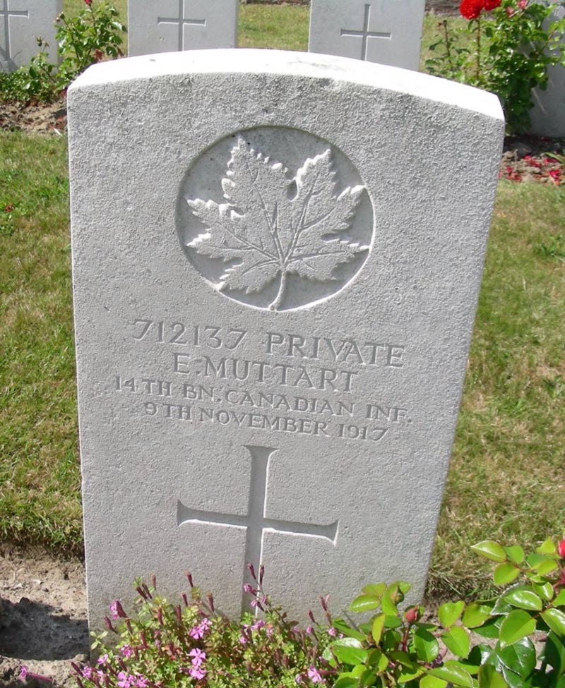 Ernest Muttart is buried in the Nine Elms British Cemetery, plot V111, E, 8. This is located 1 mile west of Poperinge, Belgium. 