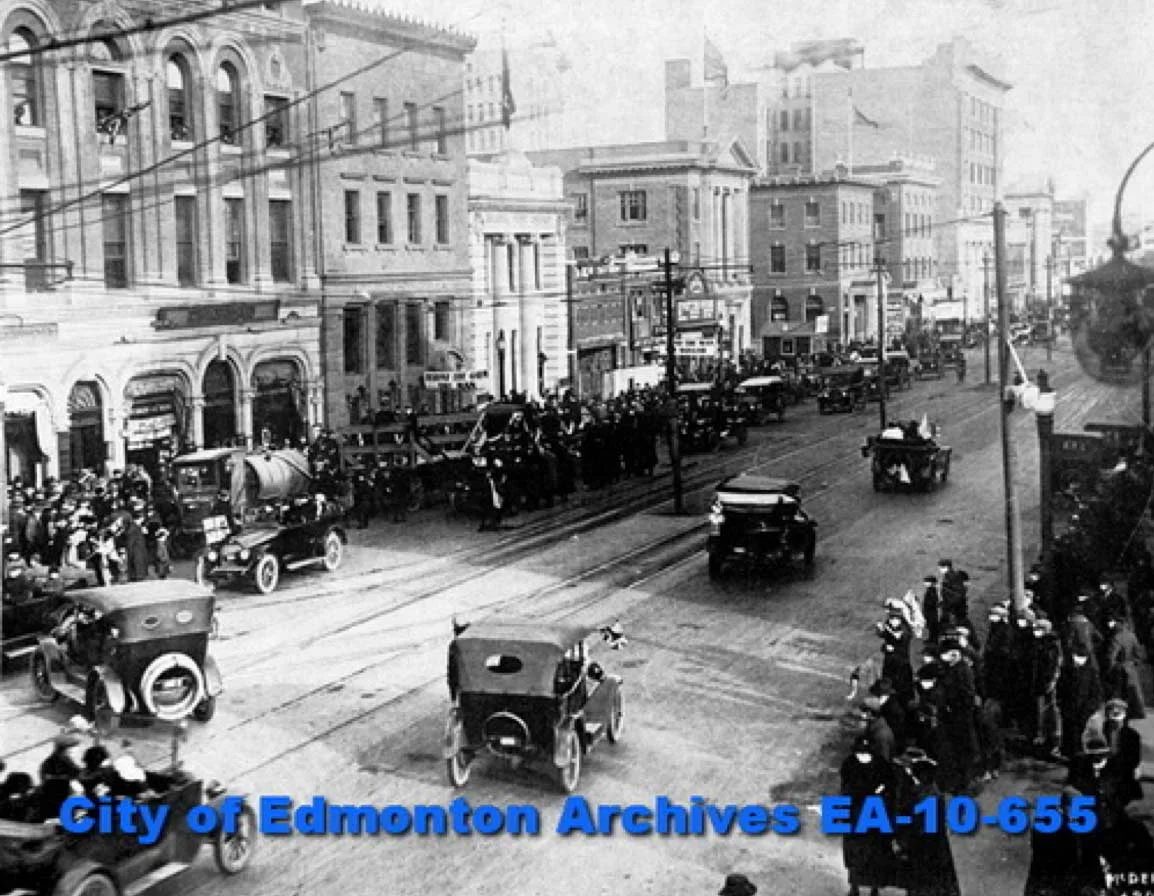 Armistice Day Parade on Jasper Avenue, Edmonton, November, 1918, Photographer: McDermid Studio, Edmonton, City of Edmonton Archives EA-10-655