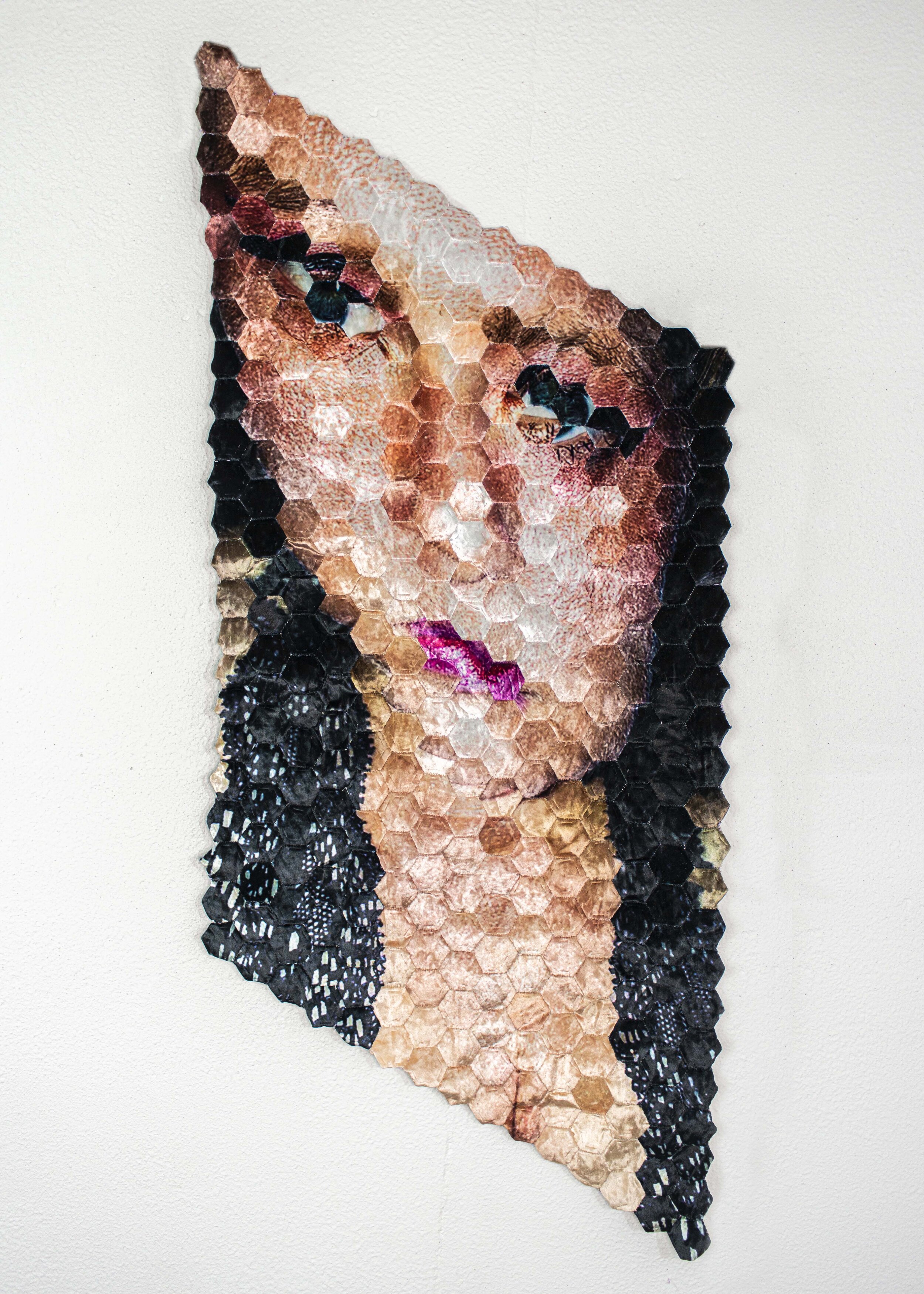  I’m close enough to touch you  Digital image printed on crushed velour, thread, felt - hand sewn  54”x23.5"x.25” 2020 