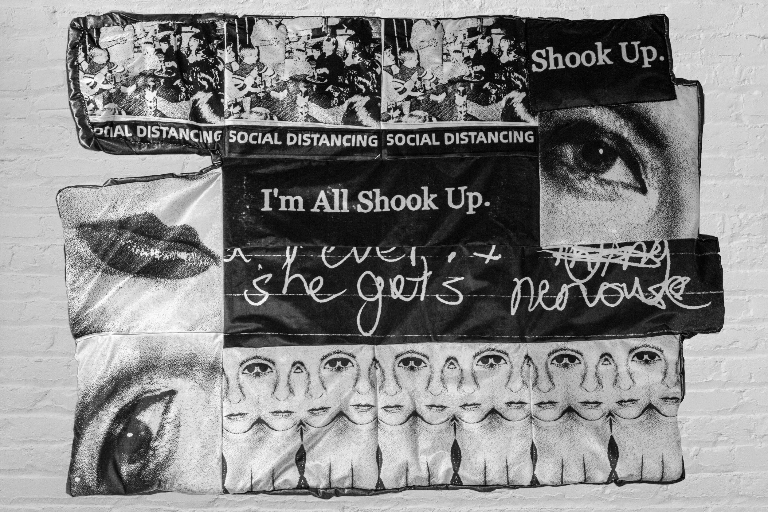  All Shook Up. Digital thermal images printed on velvet, vinyl, cotton, thread.  66.5”x47.5”x2” 2020 