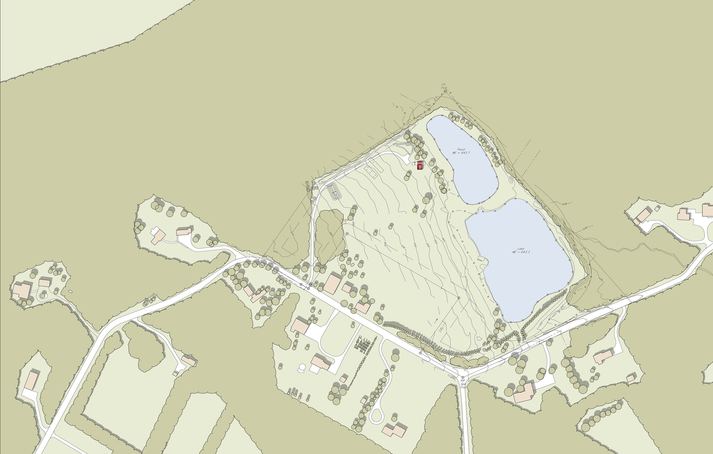 The building is positioned to provide privacy from the driveway while maximizing the views to the ponds.