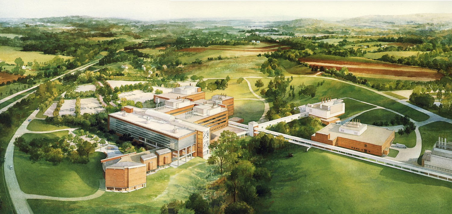 The initial design phase, included a master plan for a 1,500,000 SF facility on a 161 acre rural site. Sloping distinctly to the northeast, the area is occupied by wetlands, one branch which divides the site into two halves. Due to this constraint, the master plan called for twp masses of buildings on opposite sides connected by a tall, linear atrium which serves to physically and literally conjoin the wet labs and clinical office areas.