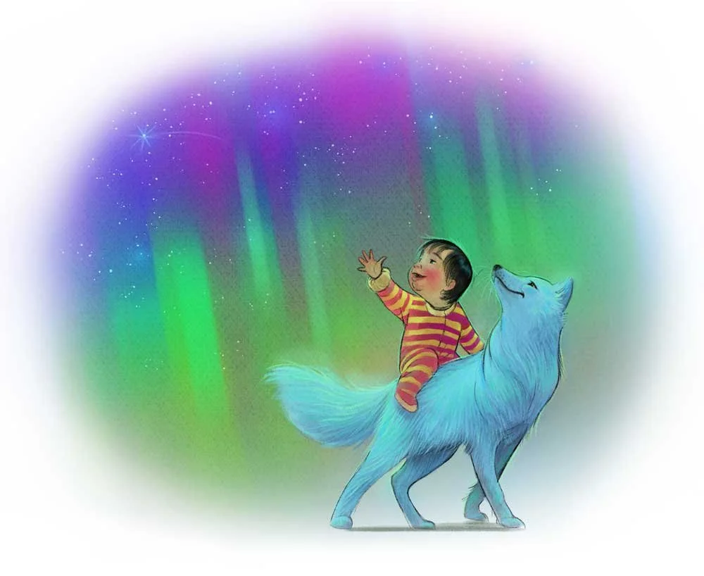 Baby with Arctic fox beneath the aurora lights, Tamara Campeau