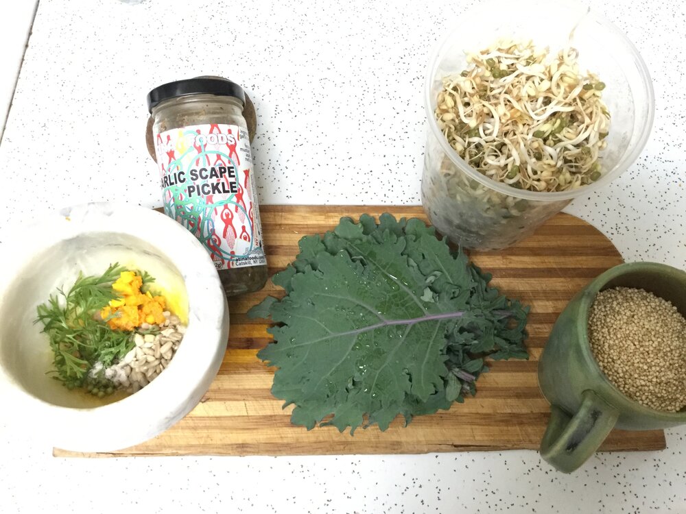 Scape Kale Turmeric Ginger Quinoia salad.JPG