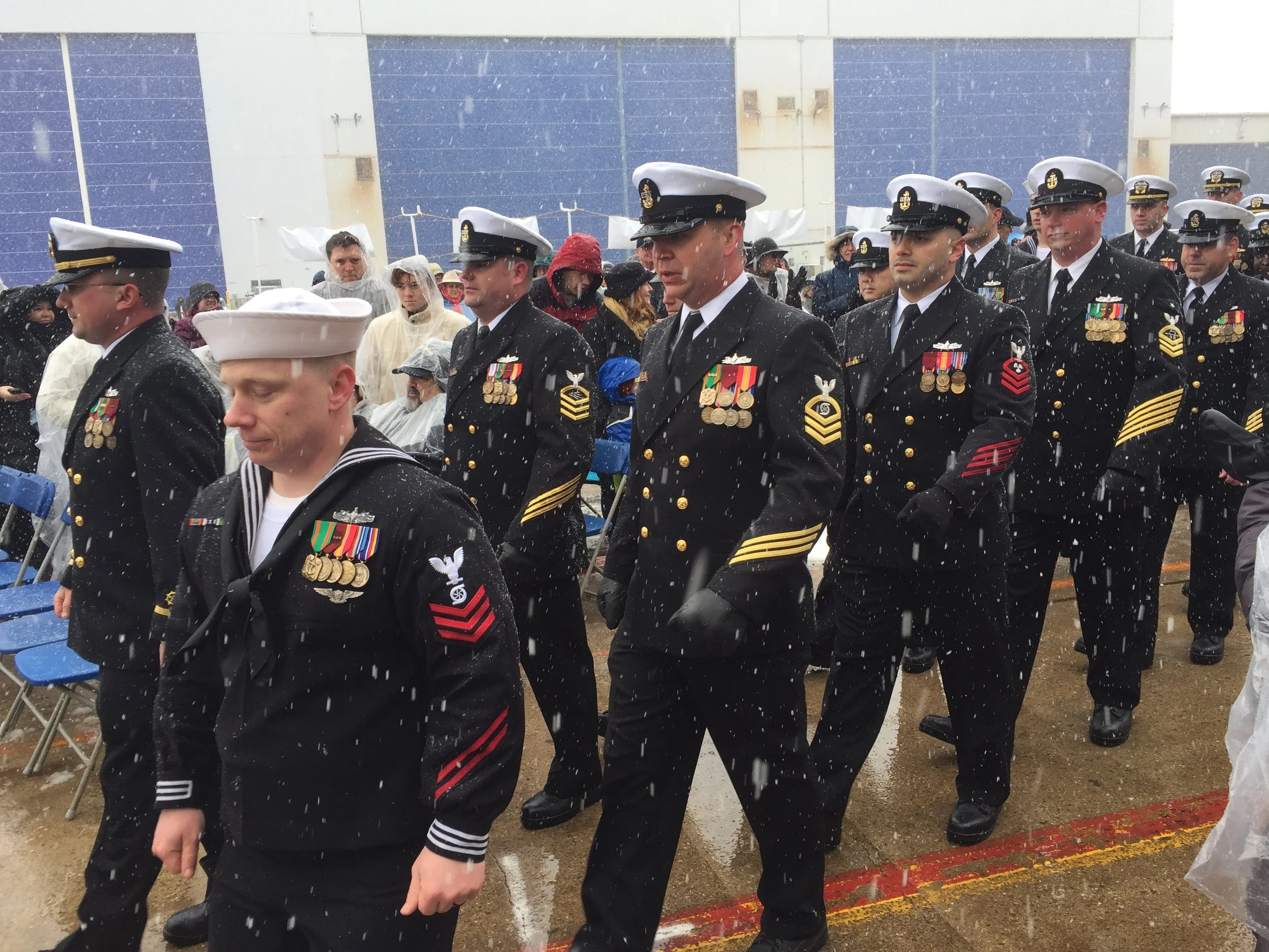 Crew members of the USS Thomas Hudner at the ship's christening ceremony. Photo by Rick Holmes