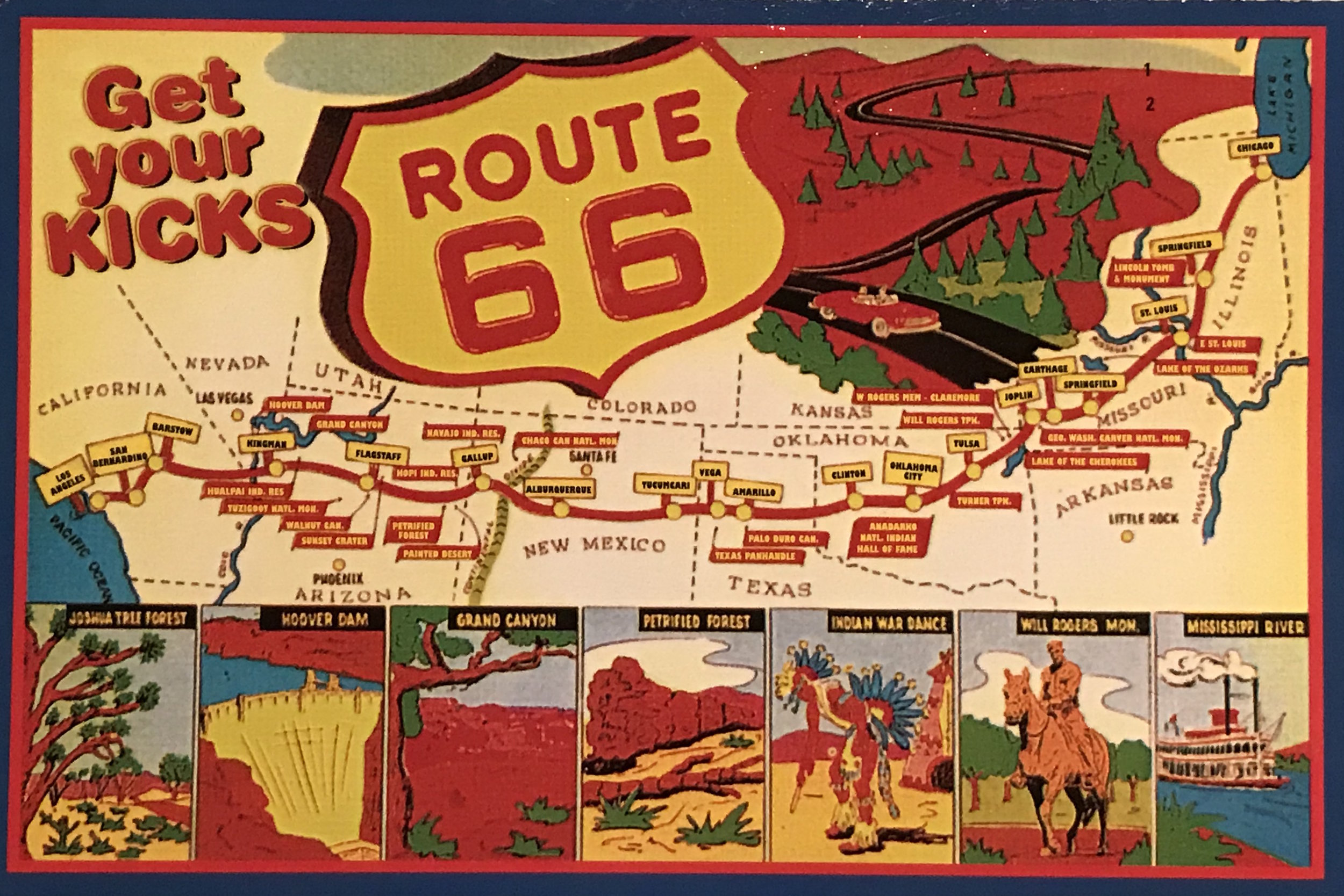  A vintage postcard shows the route of the now-defunct Route 66.  