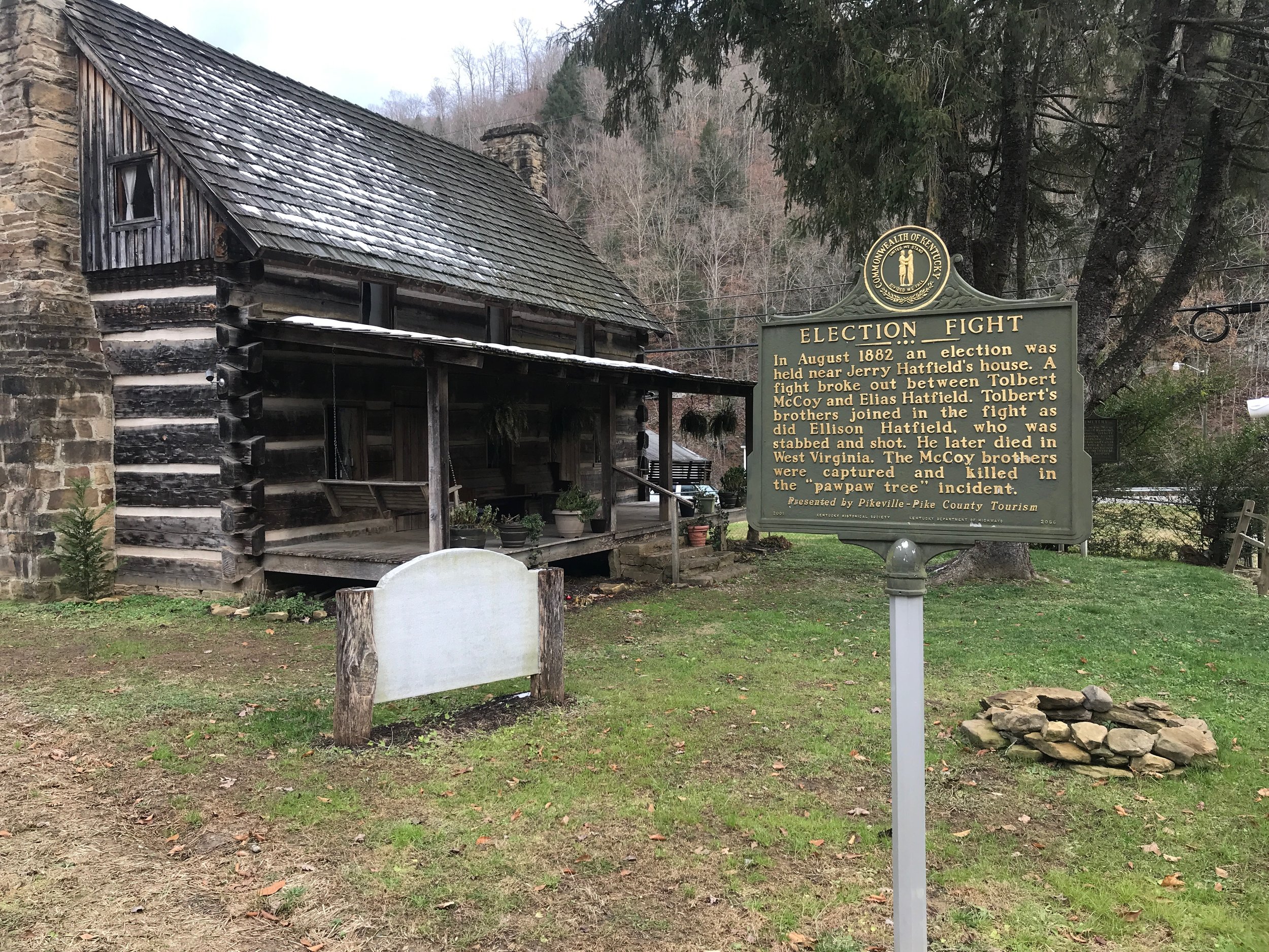  A historical plaque marks the spot of one of the fatal fights between Hatfields and McCoys.      