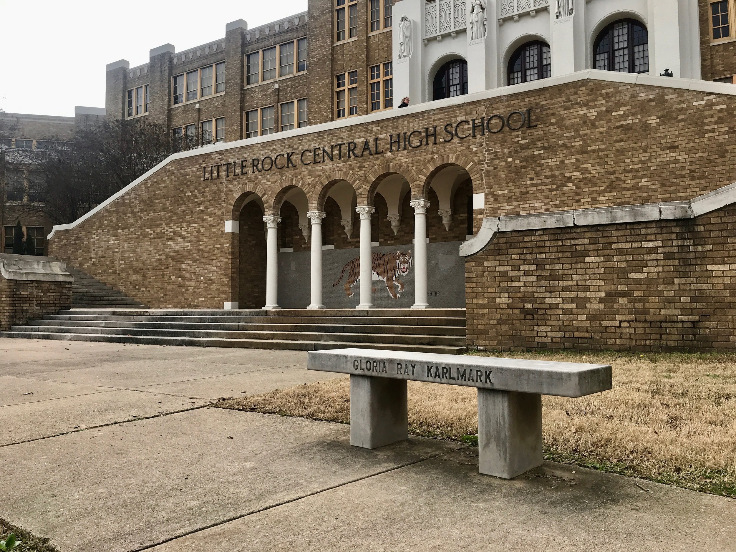  Stone benches now memorialize the nine students who integrated Central High School in 1957.      