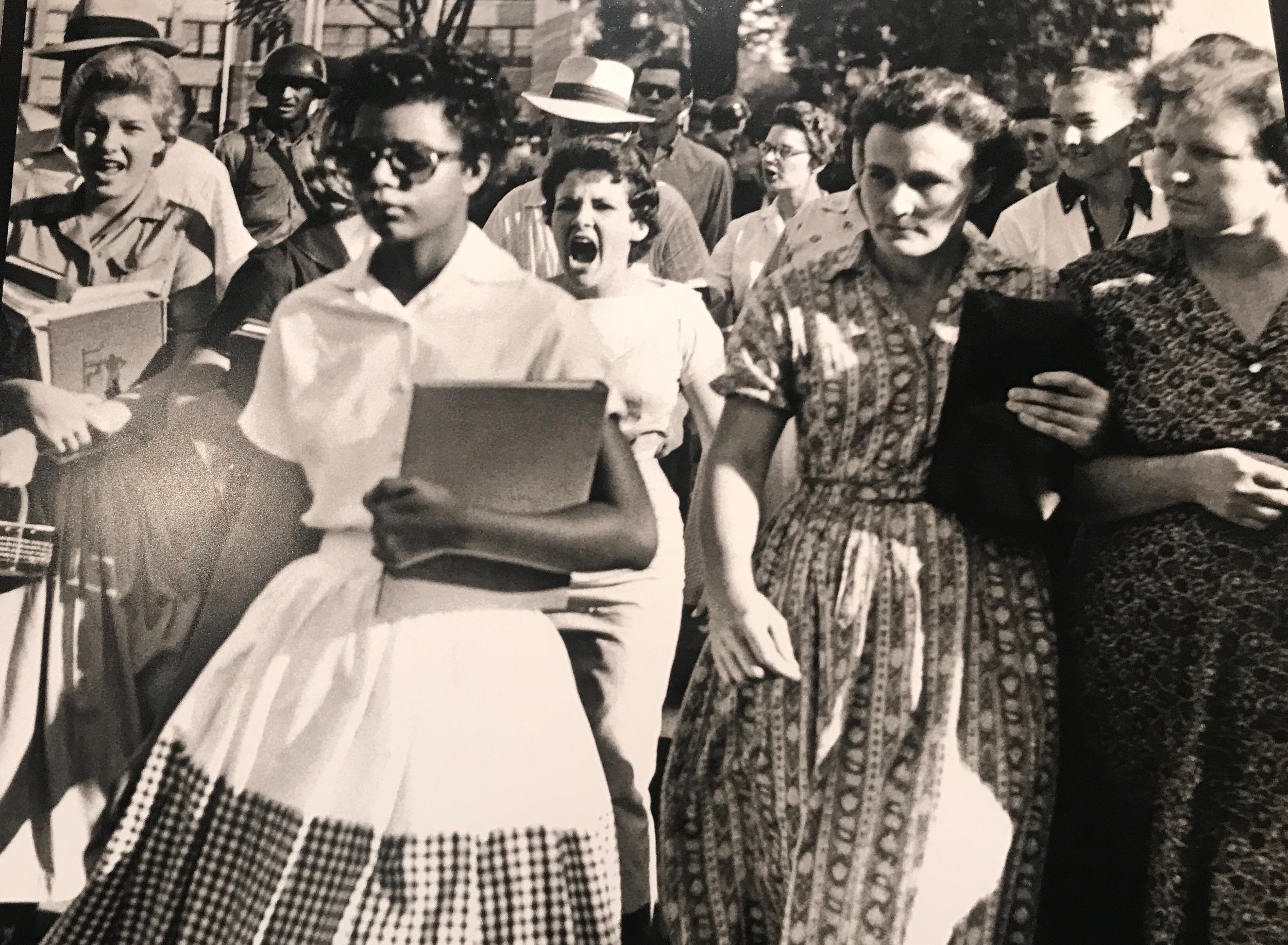  An angry crowd taunts Elizabeth Eckford on her way to Little Rock Central High School in 1957.     