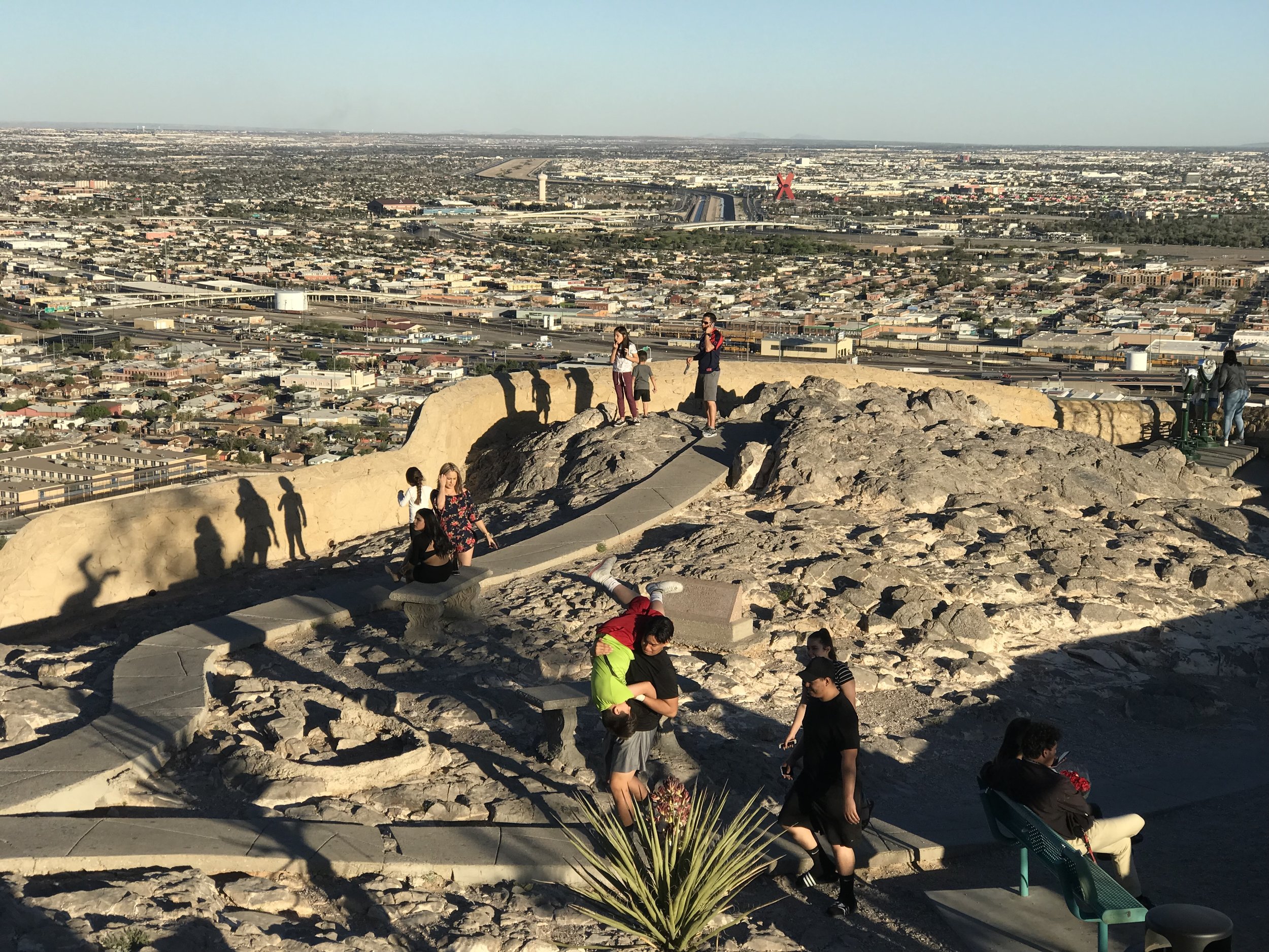  The view of the Rio Grande Valley from the Franklin Mountains north of El Paso. The X-shaped Monumento a la Mexicaneidad is on the Juarez side of the border.      