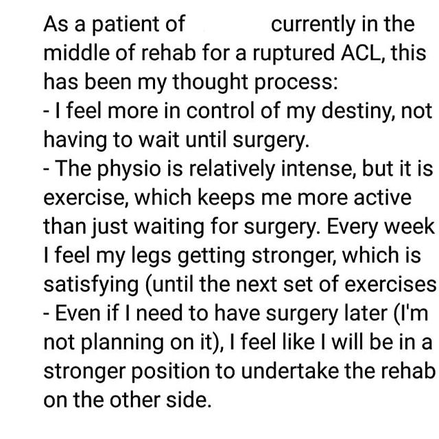 So great to read on social media the positive 'inner thoughts' of patients who have injured their ACL, and are opting for non-surgical management!
&bull;
Physiotherapy and exercise first for this injury is patient empowering, evidence-based, best pra