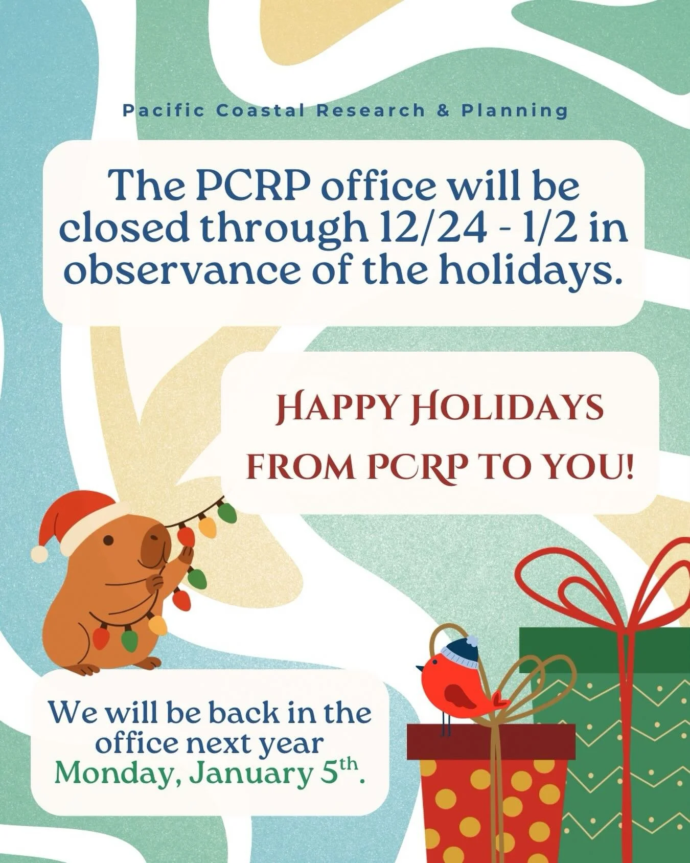 PCRP will be out of the office from Wednesday, December 24th through January 2nd. Our regular hours will resume on Monday, January 5th 2026. 

PCRP is full of love and gives thanks to everybody who has been a part of our 2025. We look forward to coll