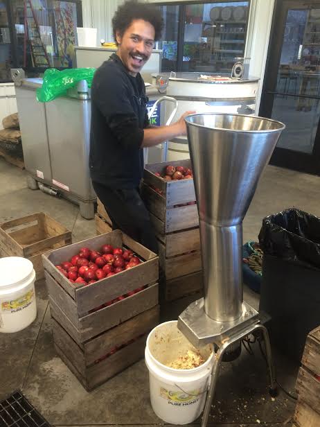 Nicole's partner helping process apples at 45th Parallel Distillery