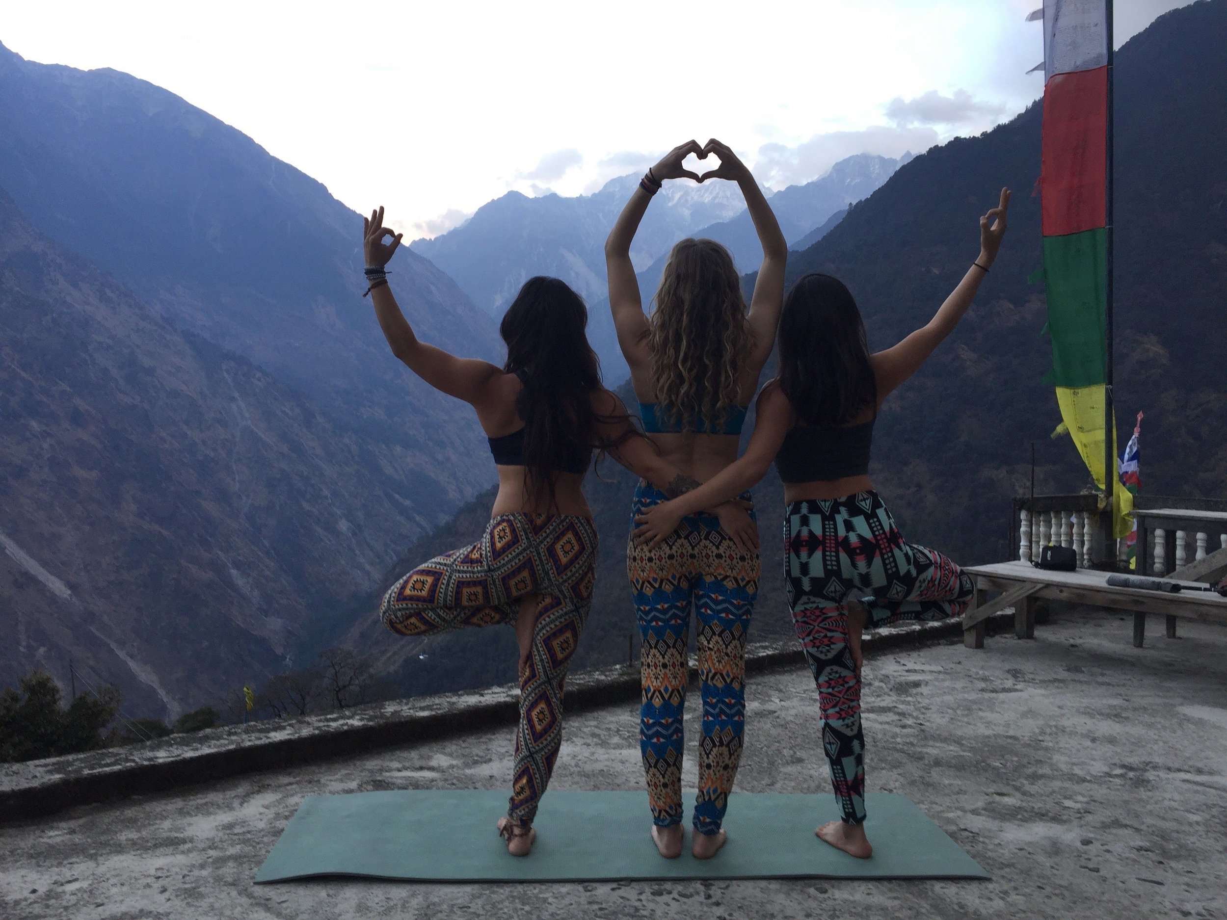Volunteers practicing yoga and stretching in Nepal