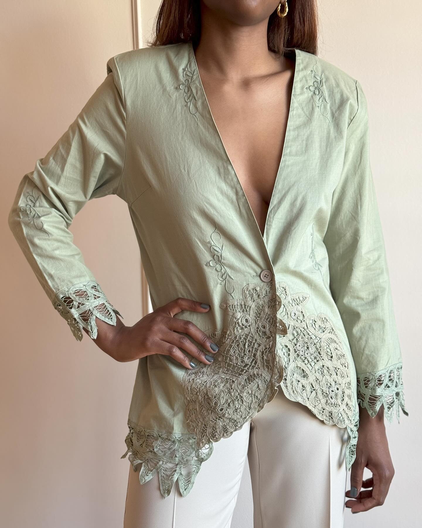 Crochet lace linen blazer top in sage / S featured on Maddie / $64 / DM to purchase / Shipping available