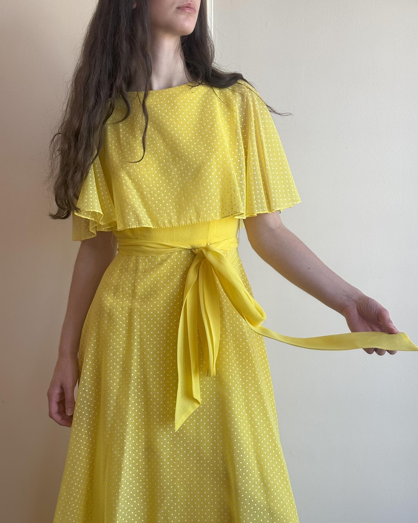 70s lemon maxi with tiny polka dots and cape top / M featured on Sydney / $78 / DM to purchase / Shipping available