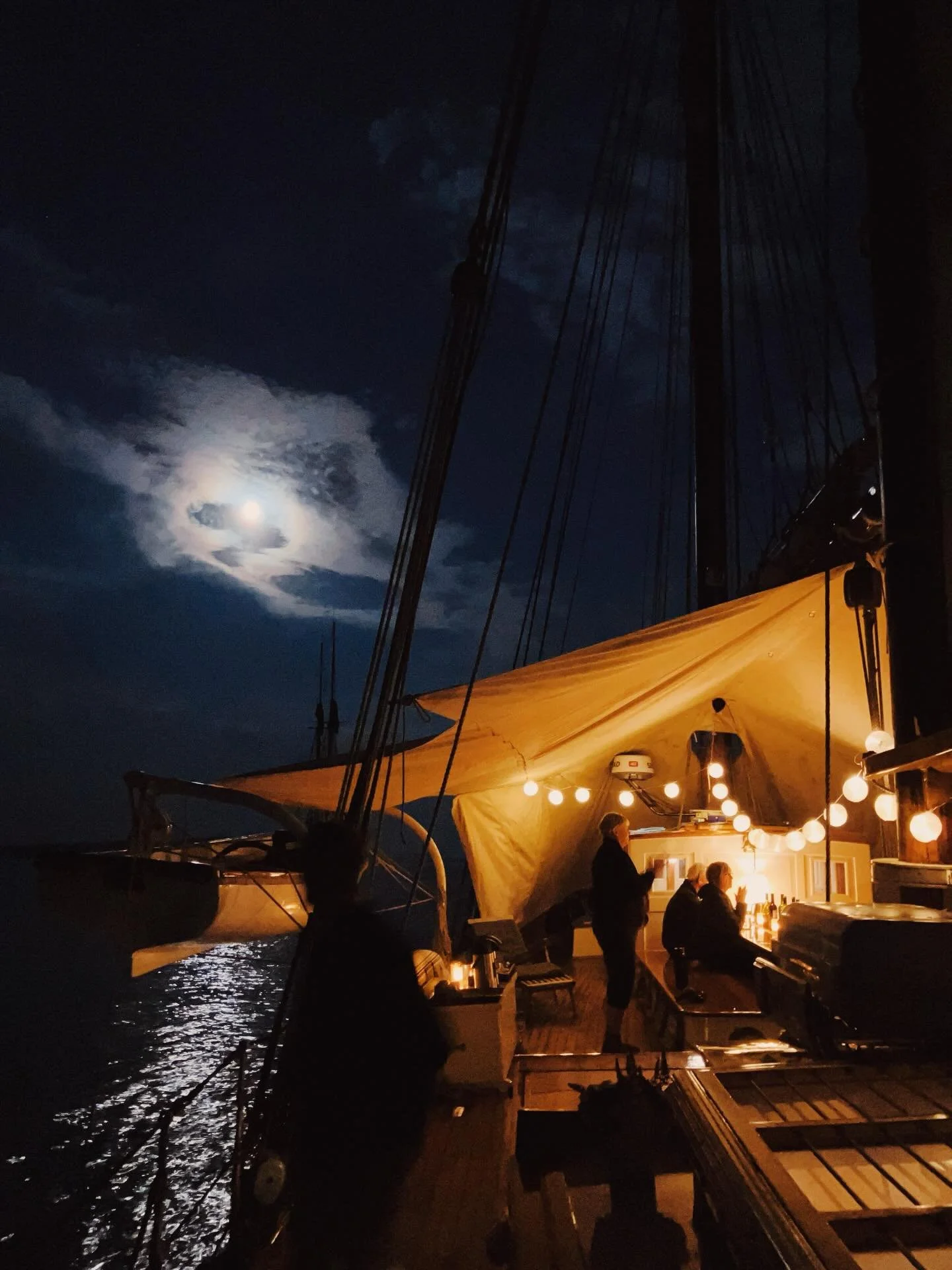 ✨Gathered under the lights with the good company of others, sharing a wonderful meal together with friends new and old as the tide gently rocks us into the night- this is what evenings are all about on Schooner Ladona.