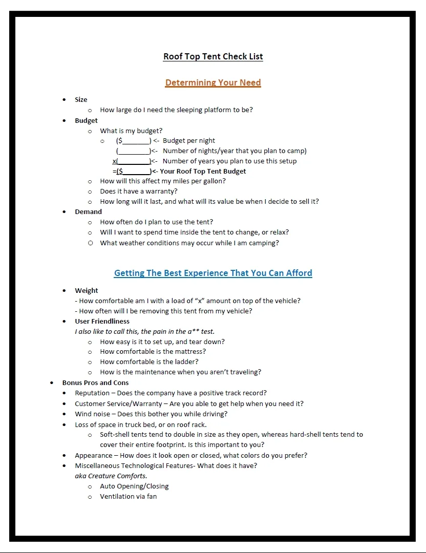Part 4 - Roof Top Tent Check List