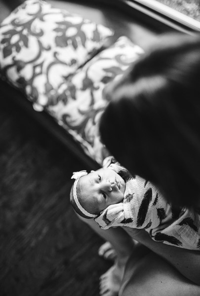 overhead newborn portrait with mother; black and white